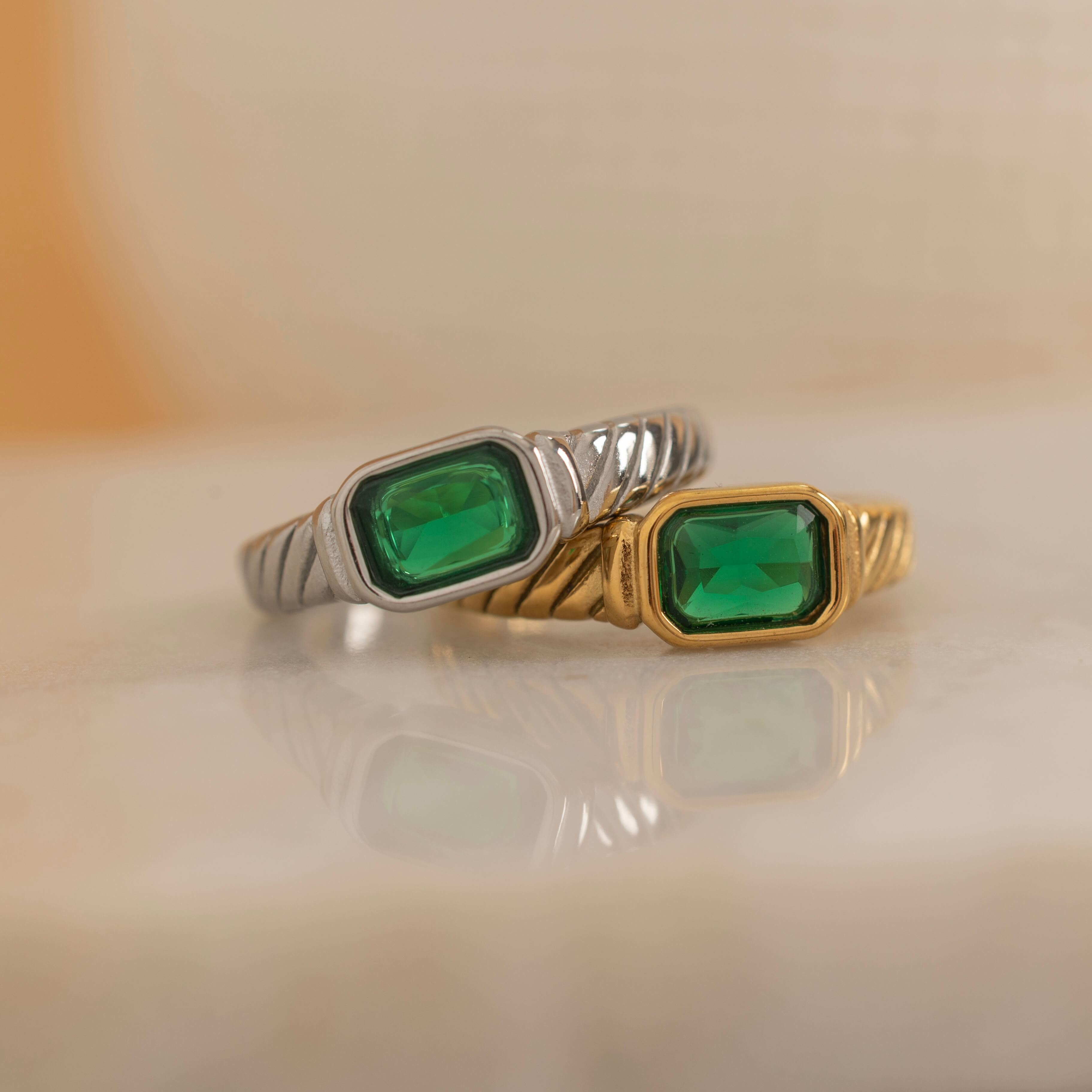 silver and gold emerald signet ring for women