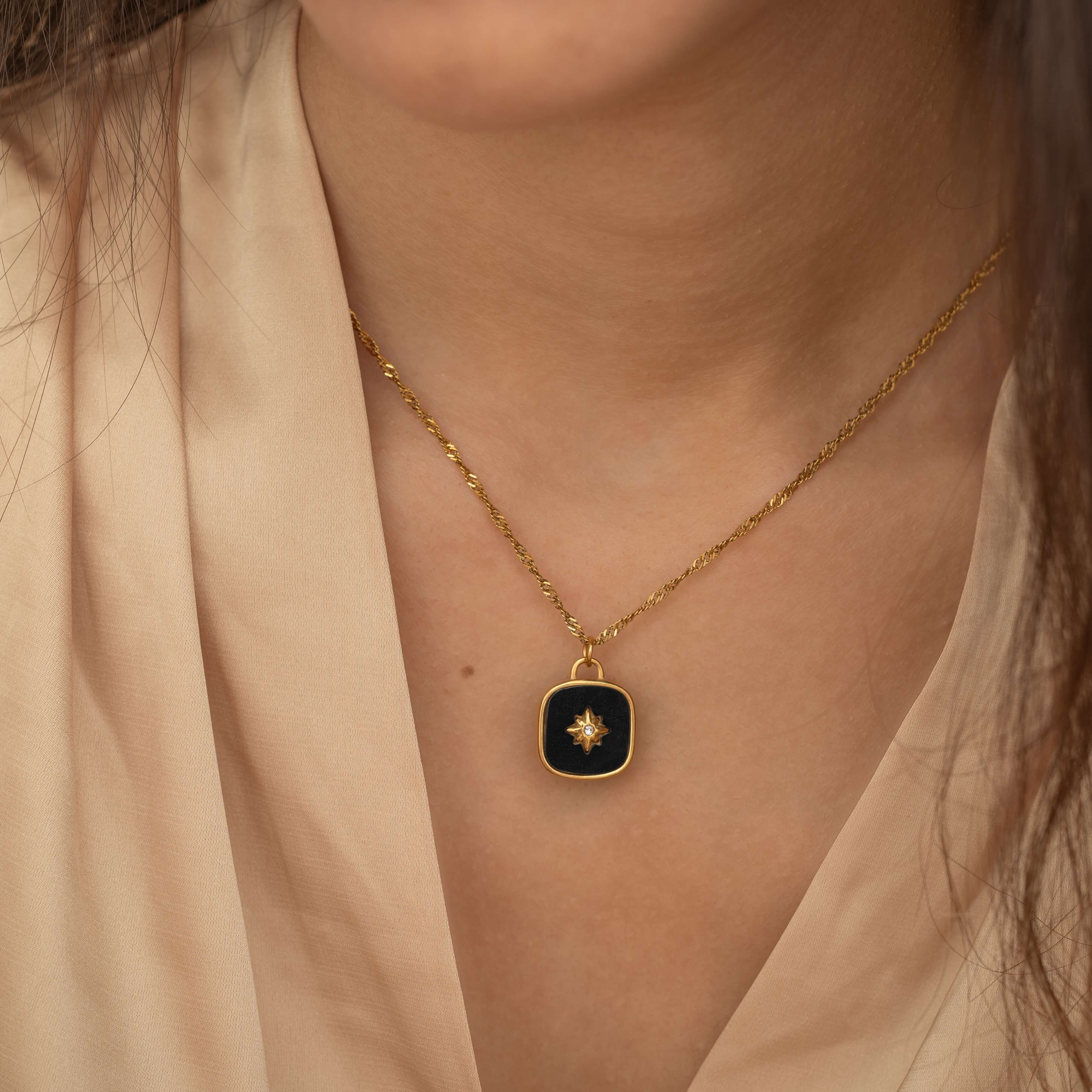 Gold Black Stone Onyx North Star Necklace for women