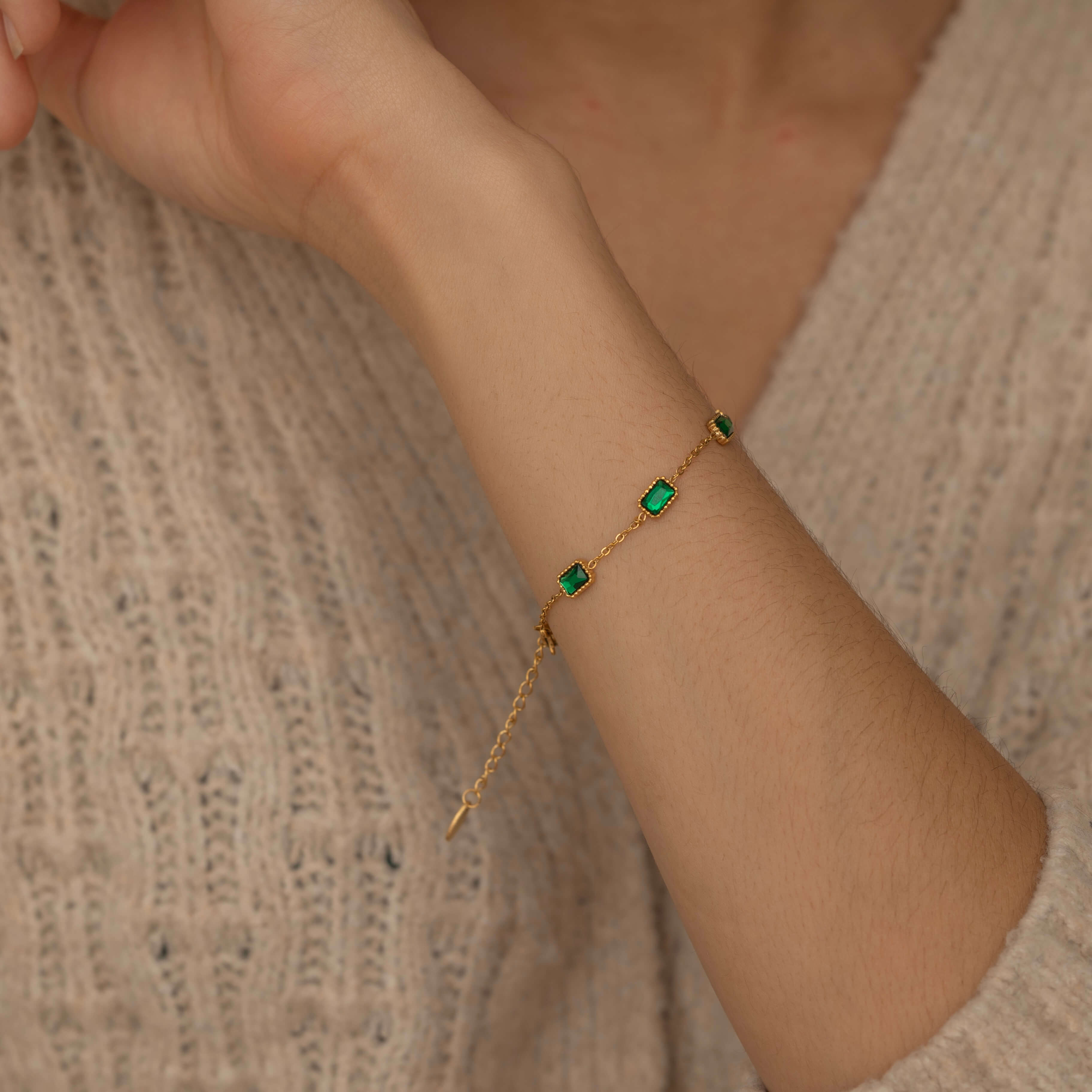 Dainty Cable Gold Bracelet with Emerald Color Stones perfect for everyday 