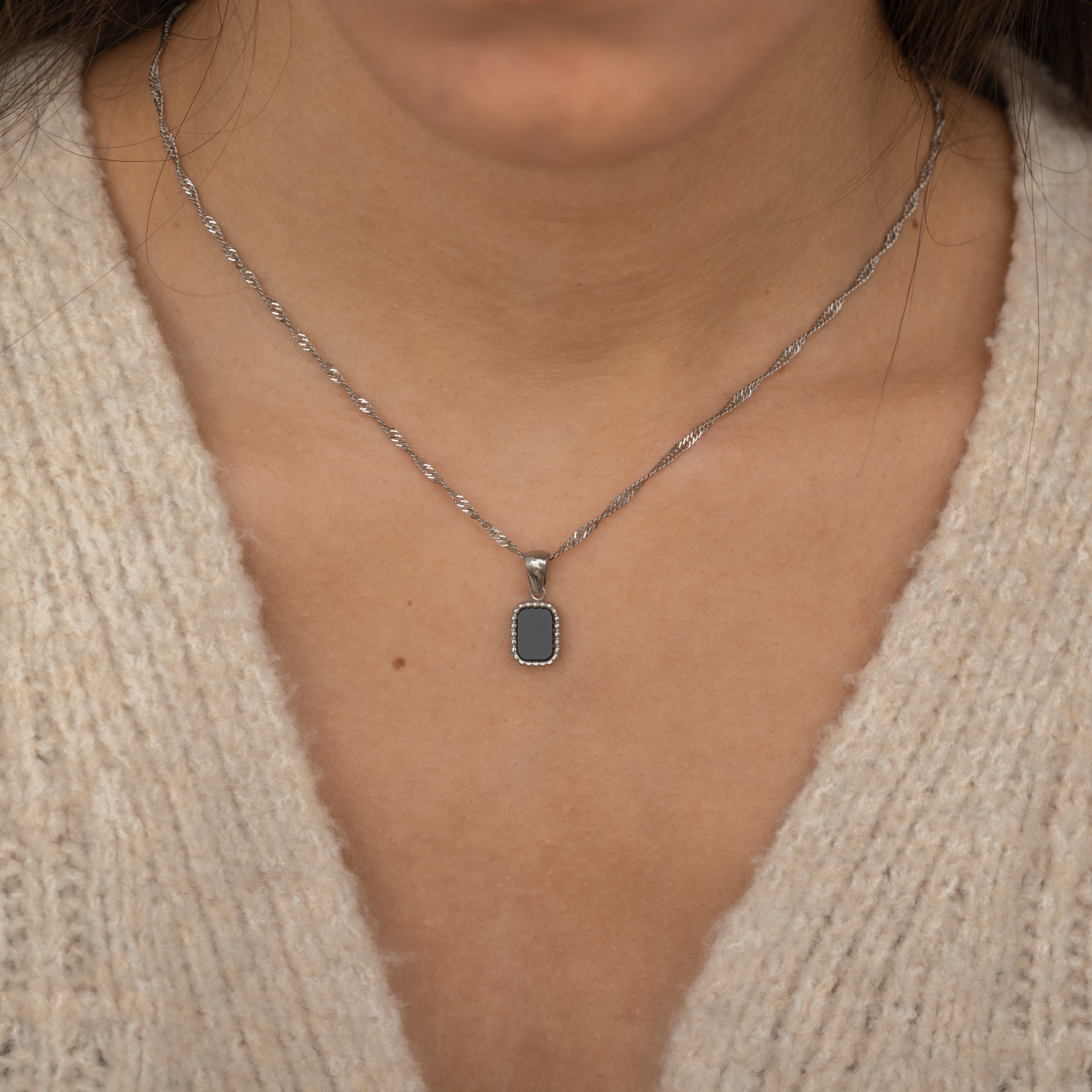 Silver Onyx Gemstone Pendant Necklace