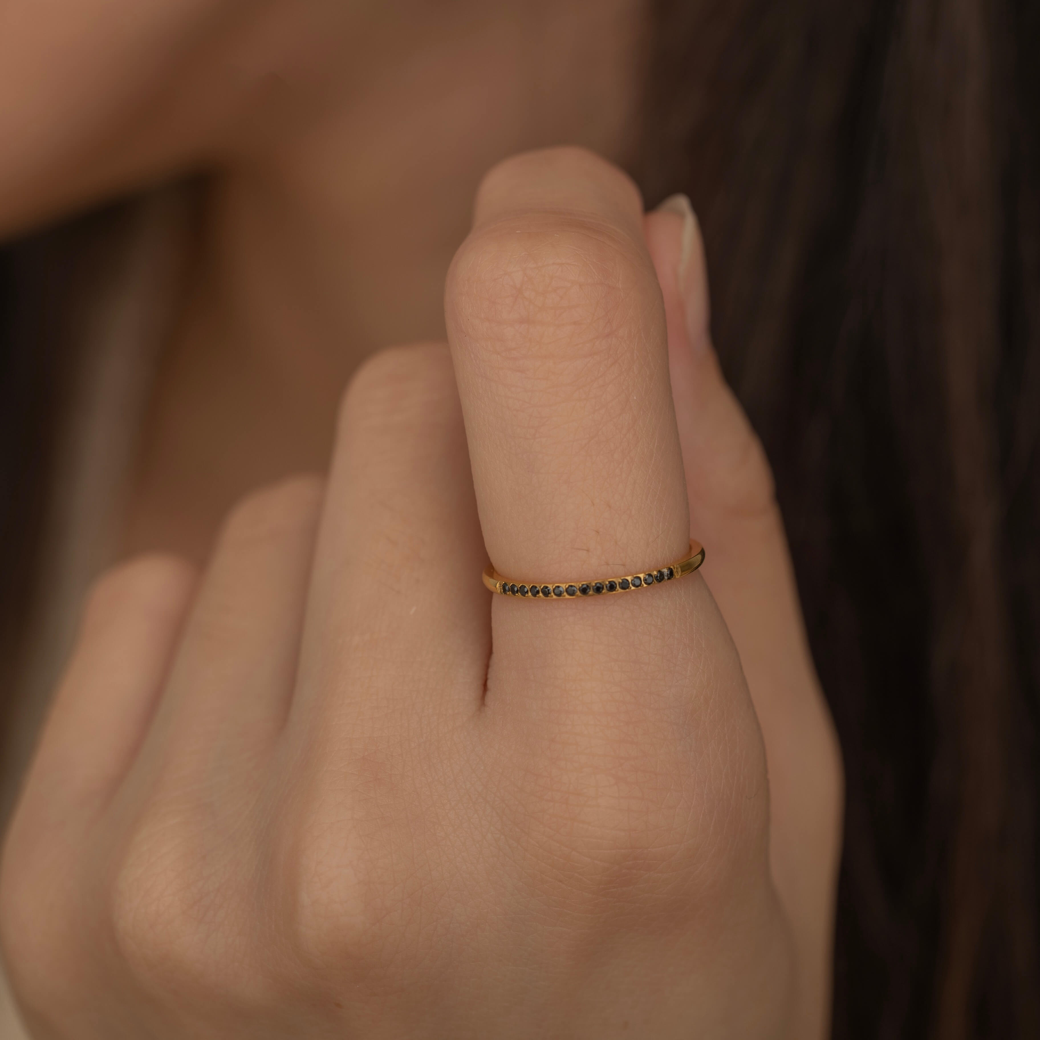 Thin Black Stone Onyx Eternity Ring for Everyday. Waterproof and Tarnish Free