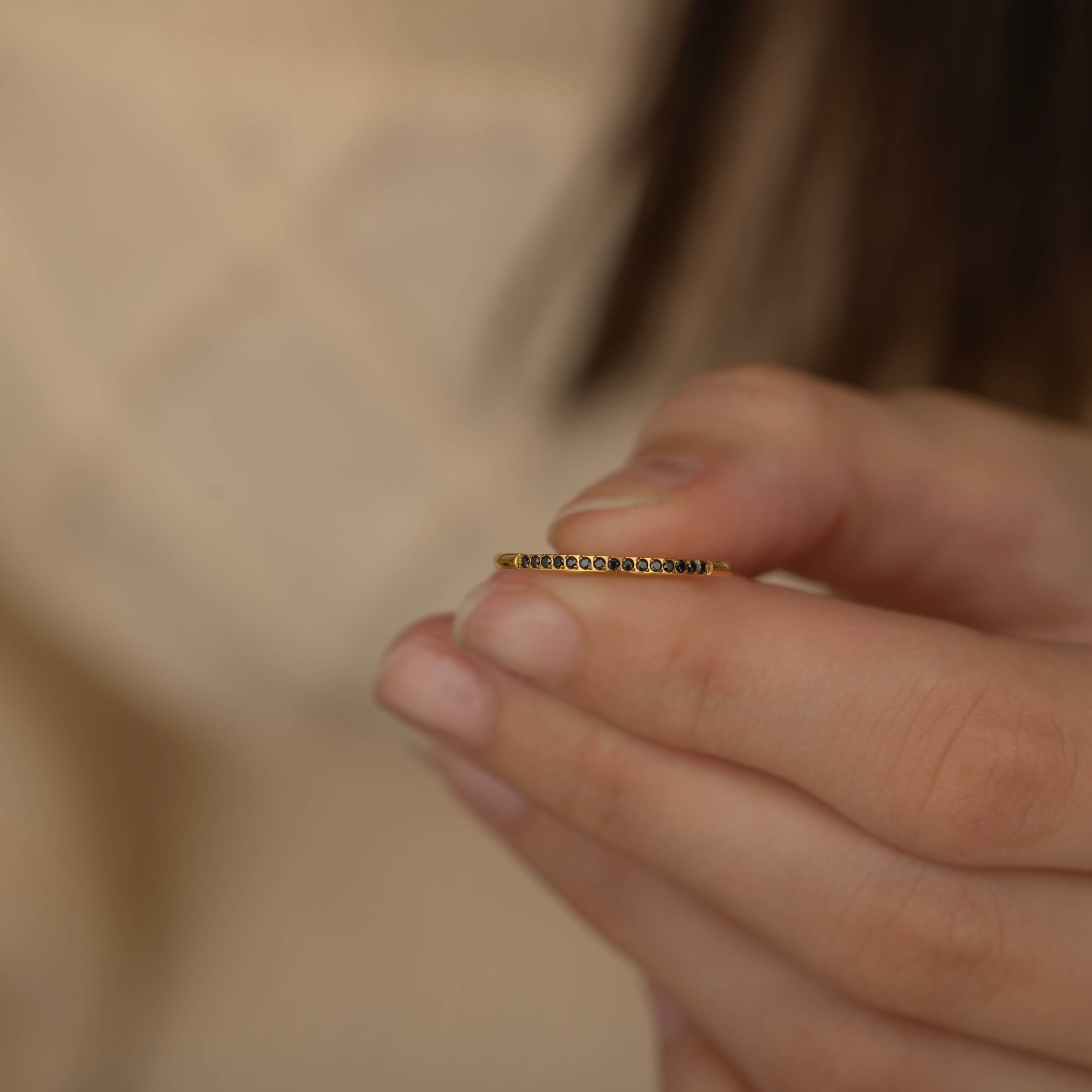 Gold Filled Thin Black Stone Eternity Ring for Everyday. Tarnish Free and Waterproof