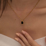 Black onyx rectangle pendant with gold frame necklace, minimalist gemstone jewelry