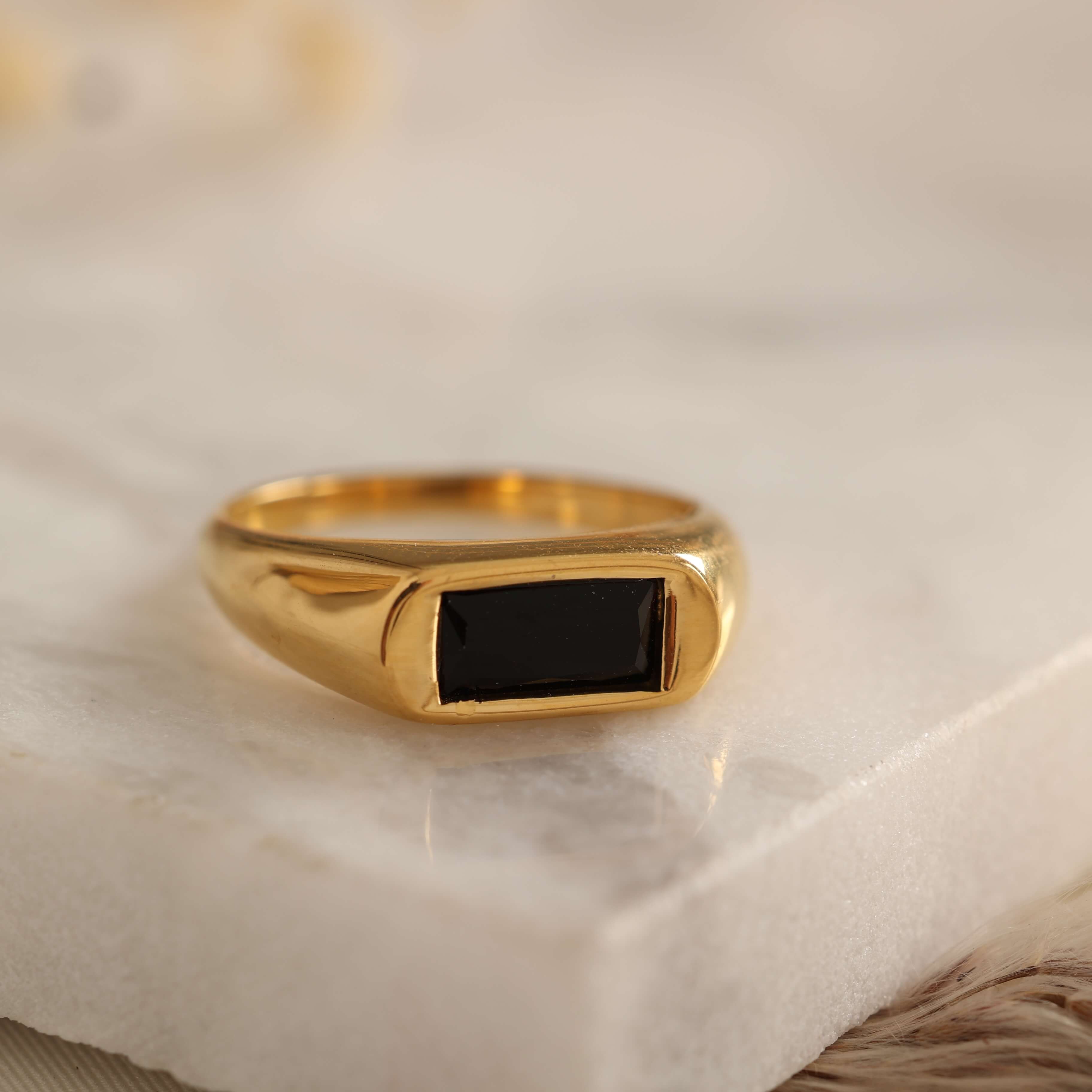 Gold Onyx Black Stone Signet Ring for Women. 