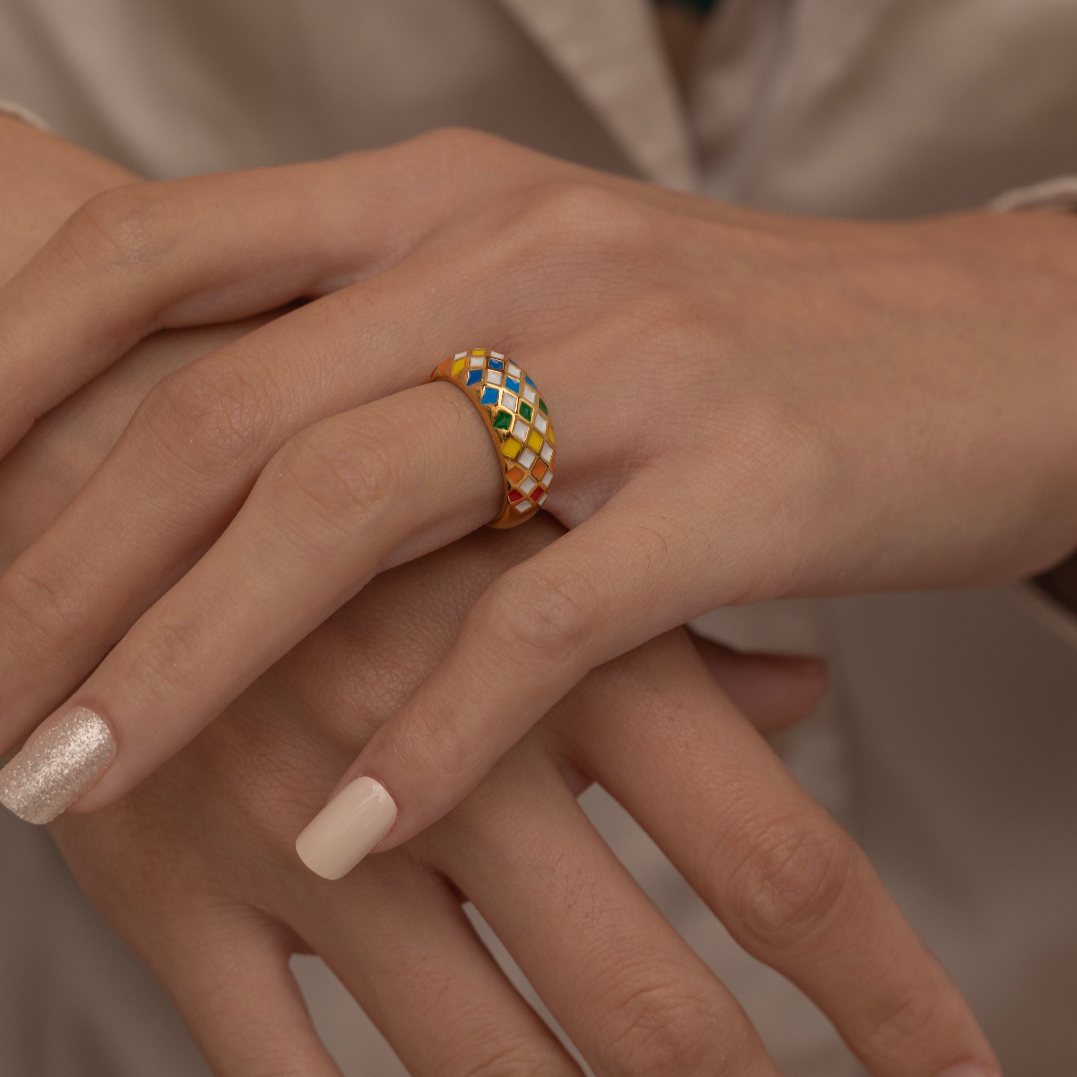 Bold Dome Checkered Ring with Colorful Enamel Patterns, green, white, blue, yellow and orange. Perfect waterproof ring for everyday