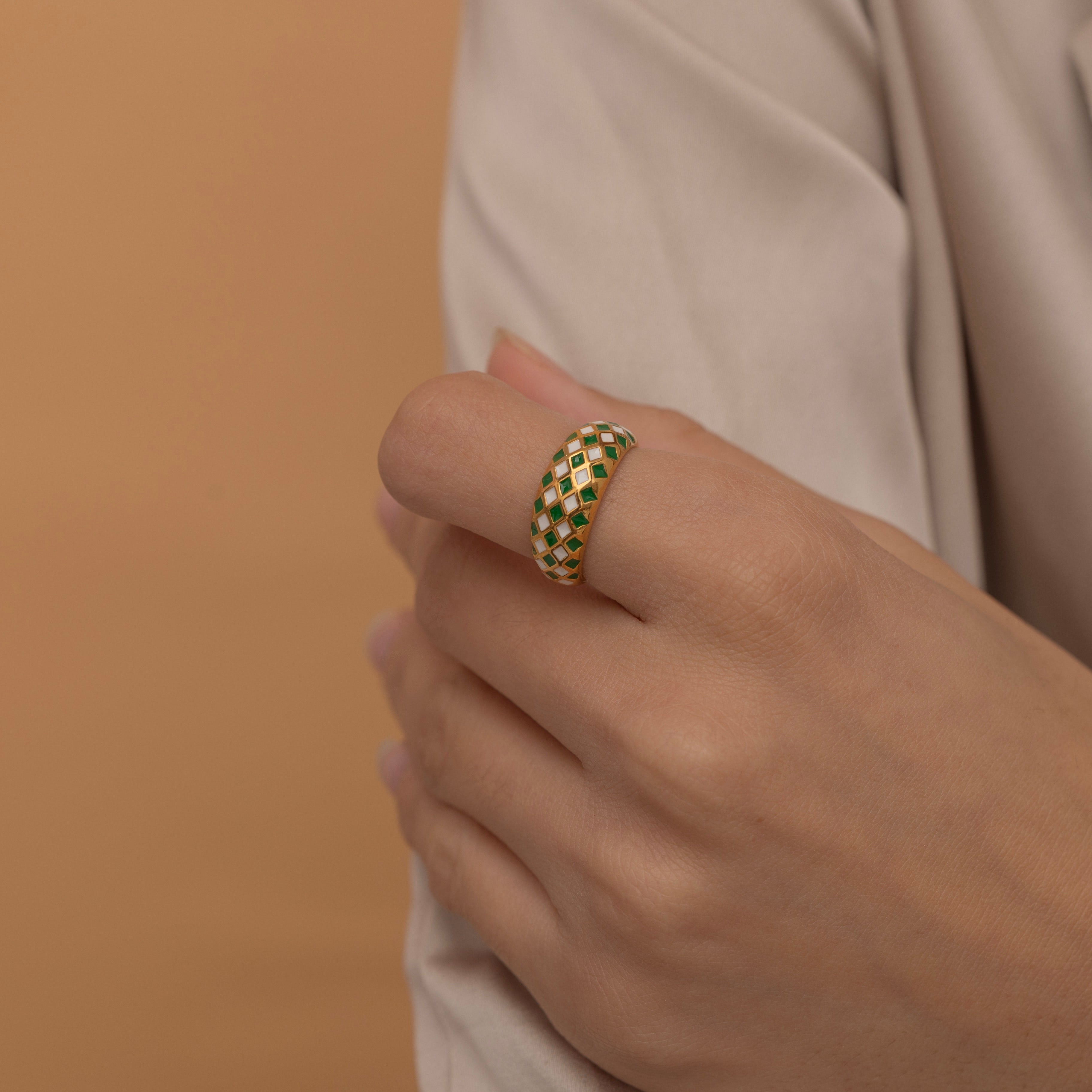 Bold Dome Checkered Ring in White and Green  in Gold Filled 