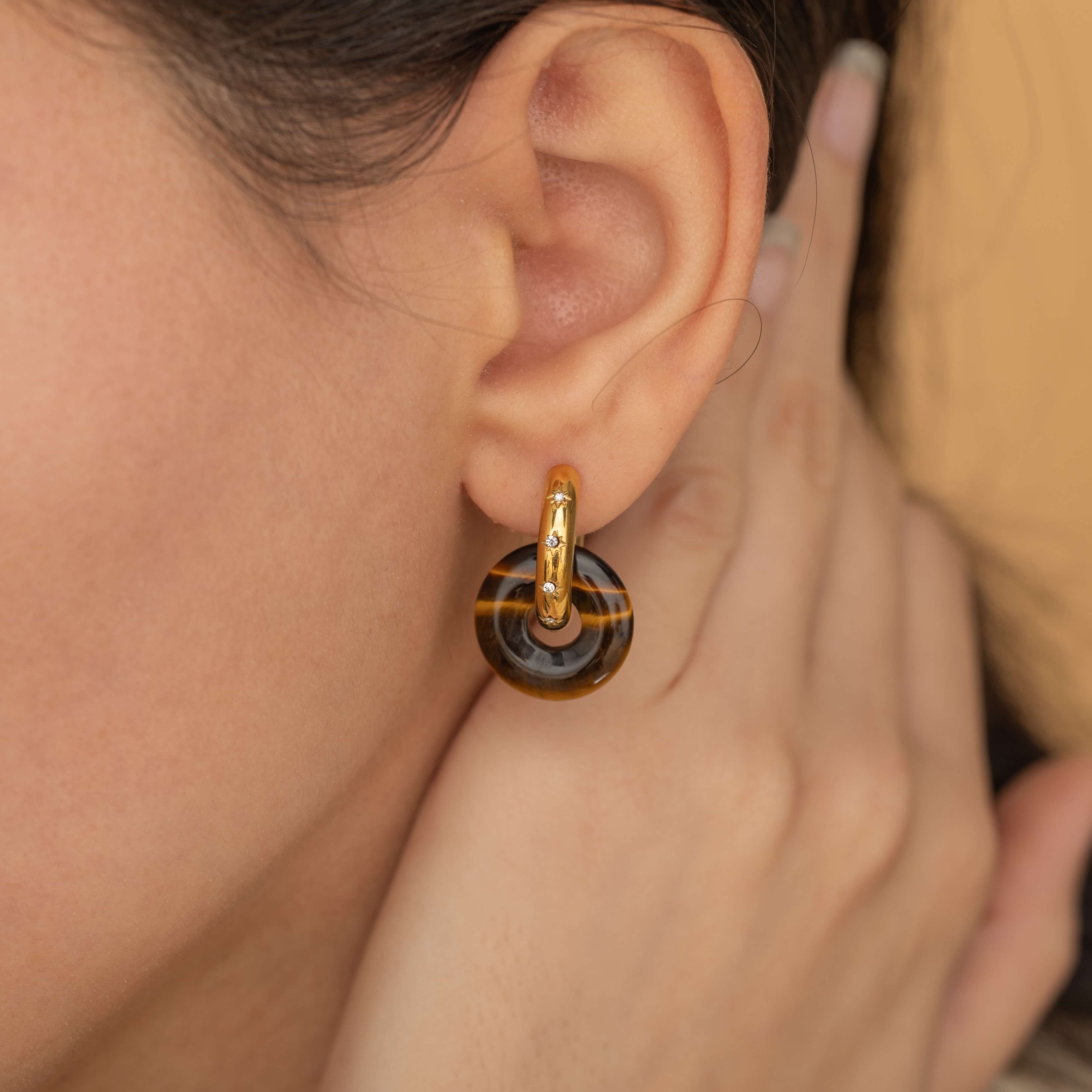 gold star chunky hoops with double hoop tiger eye gemstone