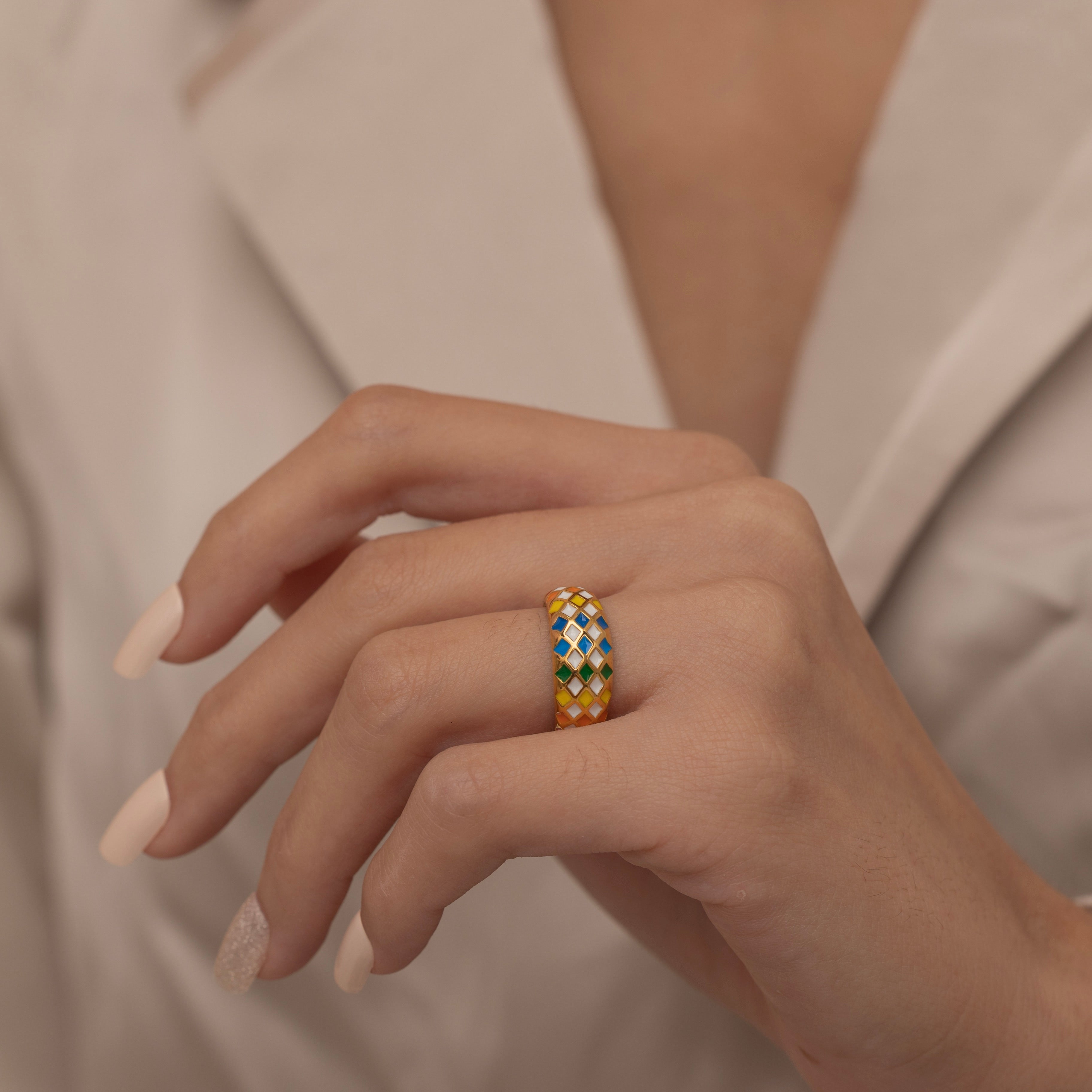 Bold Dome Checkered Ring with Colorful Enamel Patterns, green, white, blue, yellow and orange. Perfect waterproof ring for everyday