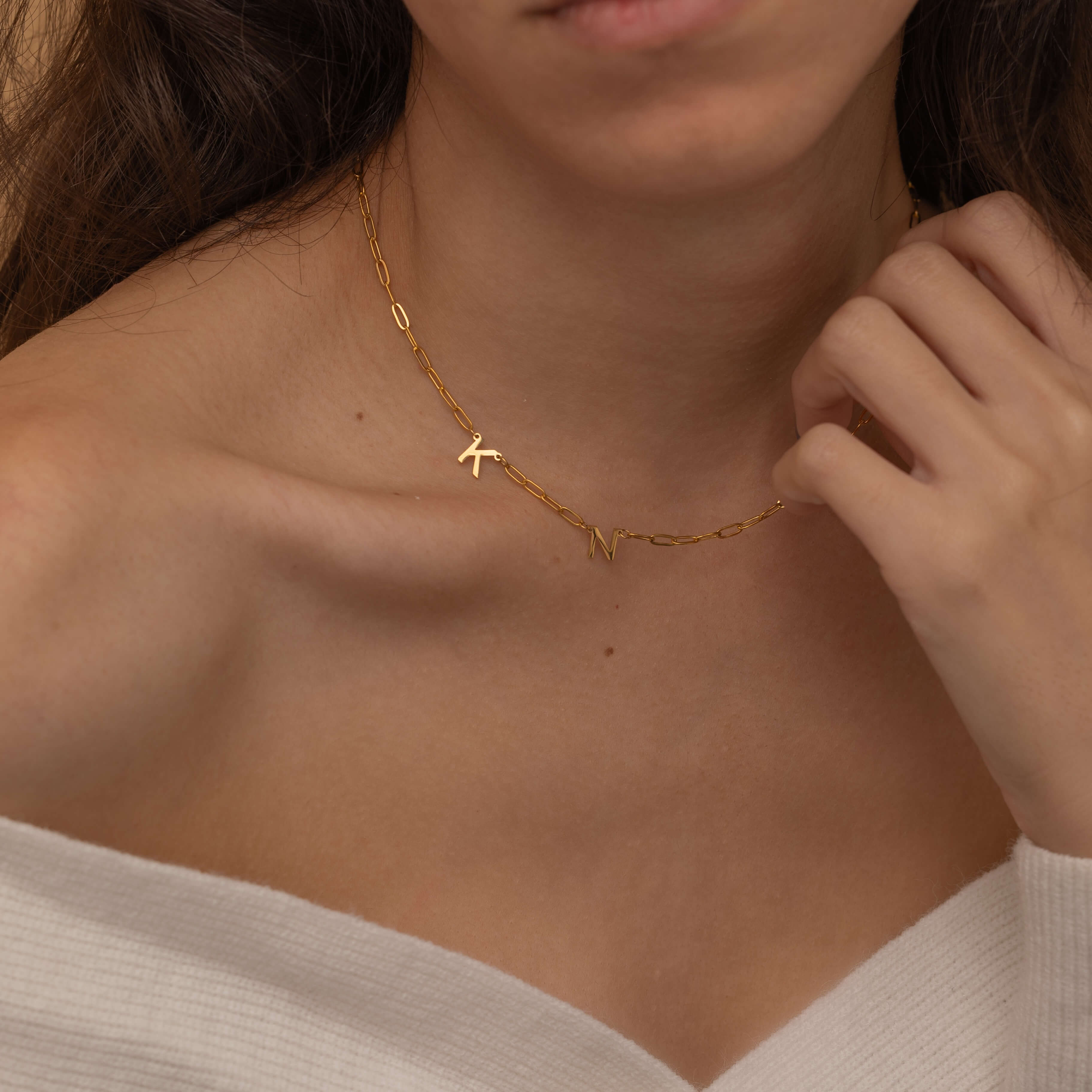 Gold Custom side initial necklace with custom chain styles. It is waterproof and tarnish free. 