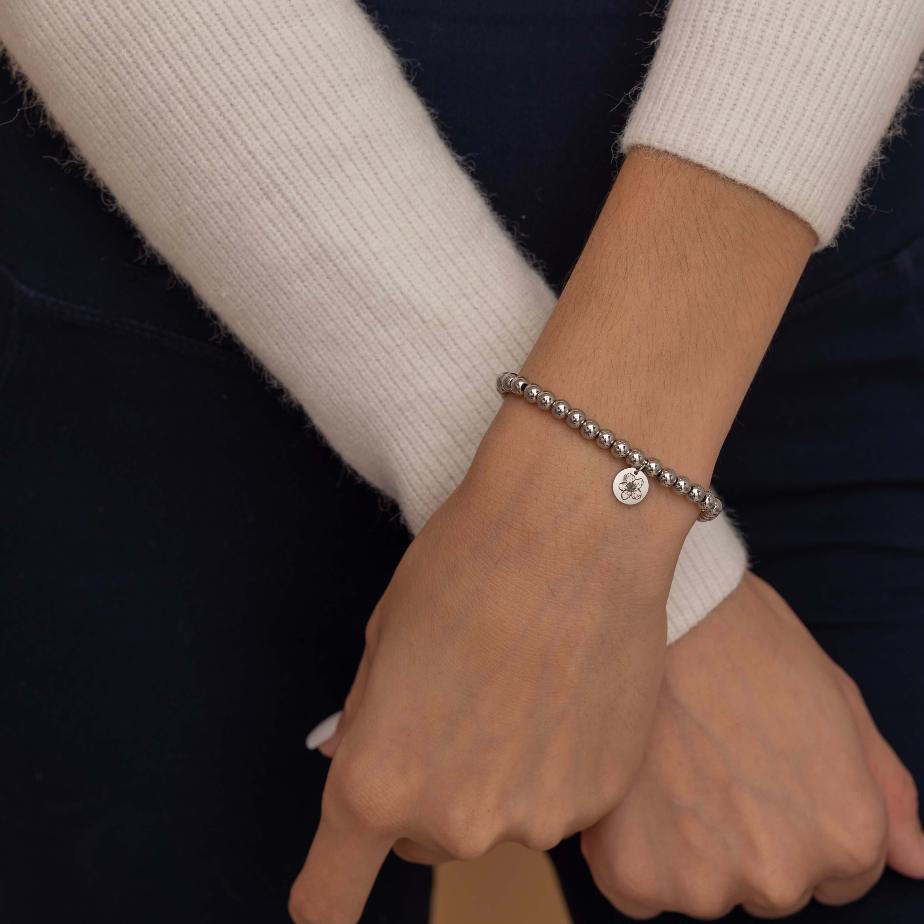  Gold and silver birth flower bead bracelets with engraved flower charms