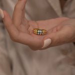 Bold Dome Checkered Ring with Colorful Enamel Patterns, green, white, blue, yellow and orange. Perfect waterproof ring for everyday
