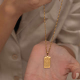 Dainty Gold Engraved Zodiac Card Necklace for Women. rectangular scorpio Engraved zodiac