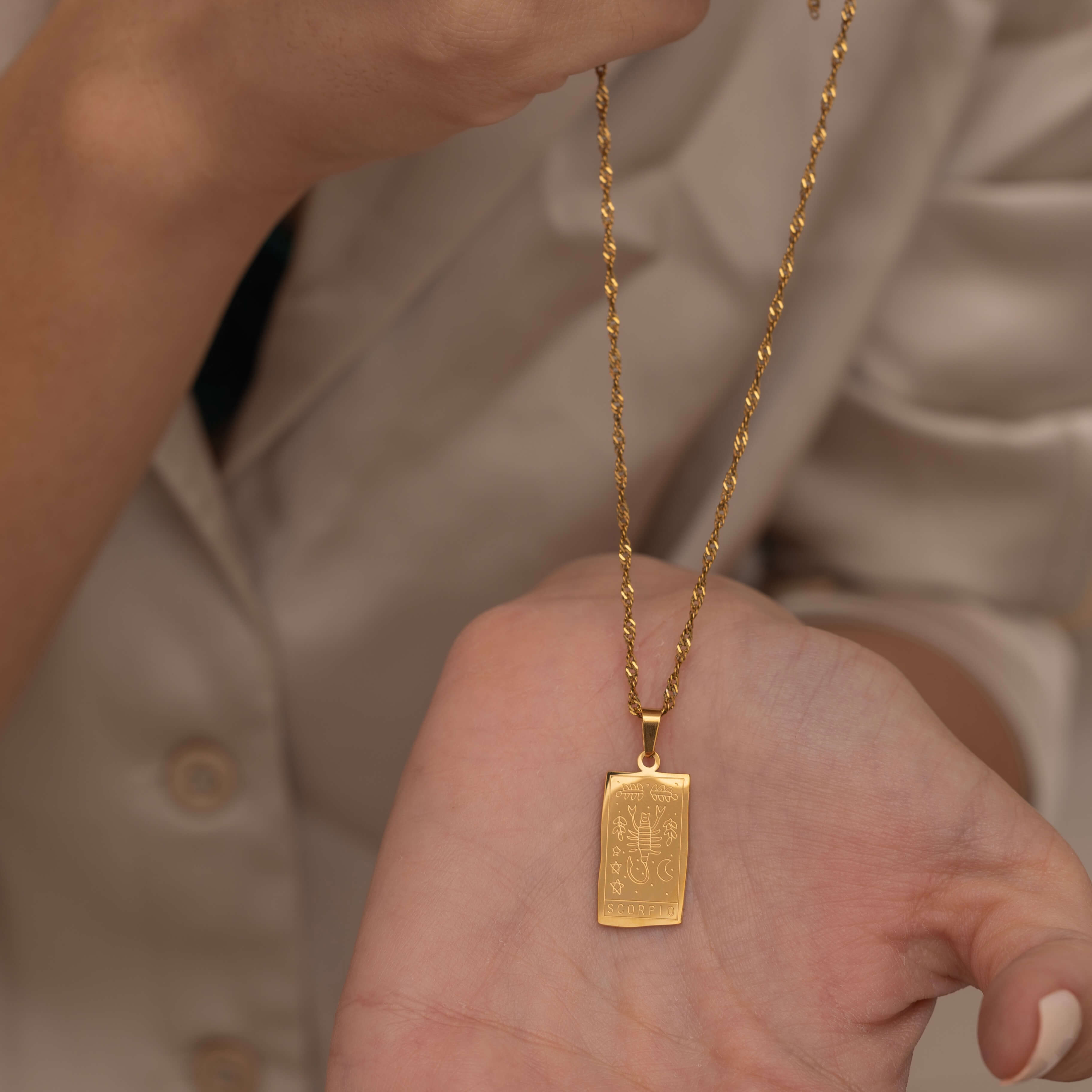Dainty Gold Engraved Zodiac Card Necklace for Women. rectangular scorpio Engraved zodiac