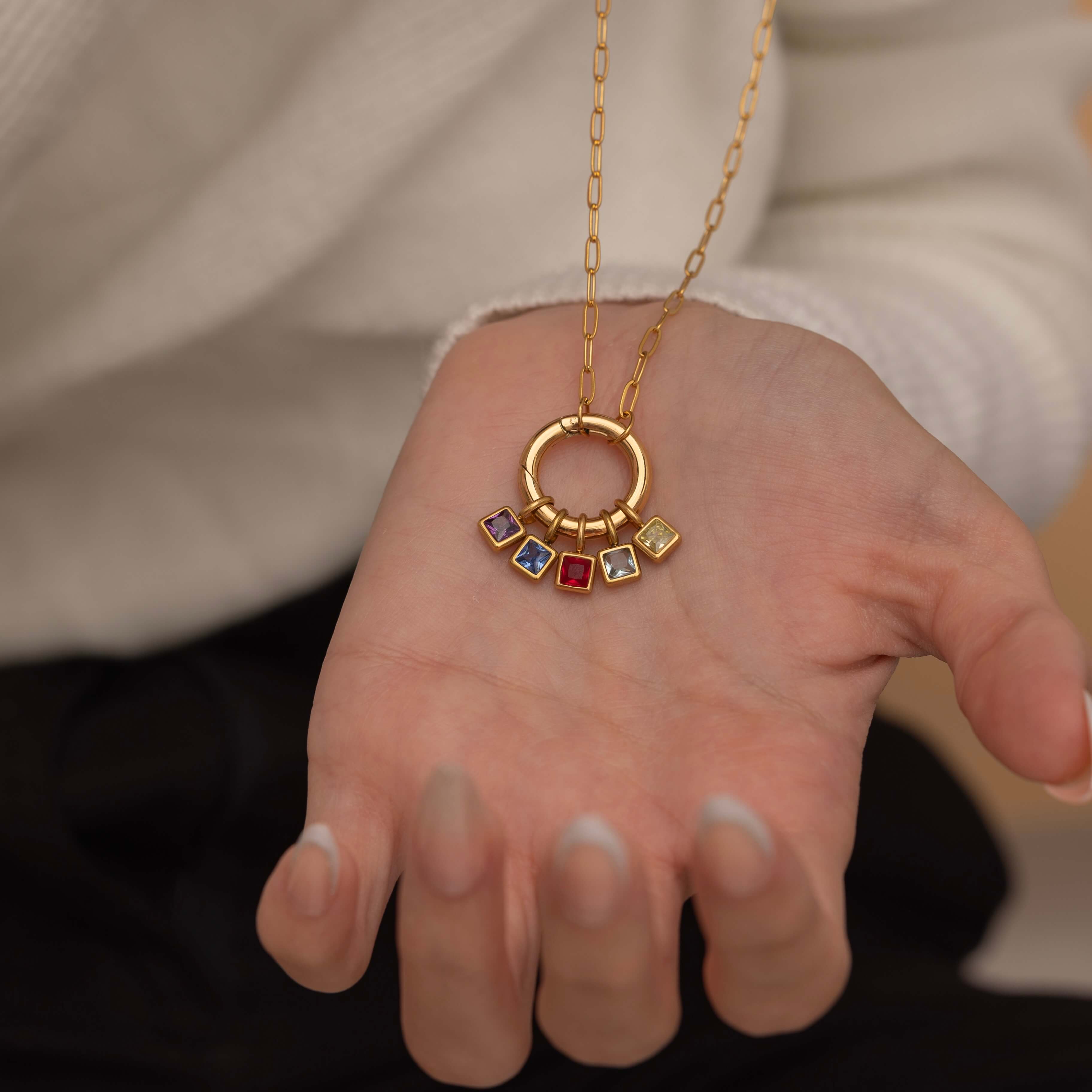 Customizable necklace with multiple colorful birthstone charms, personalized family jewelry