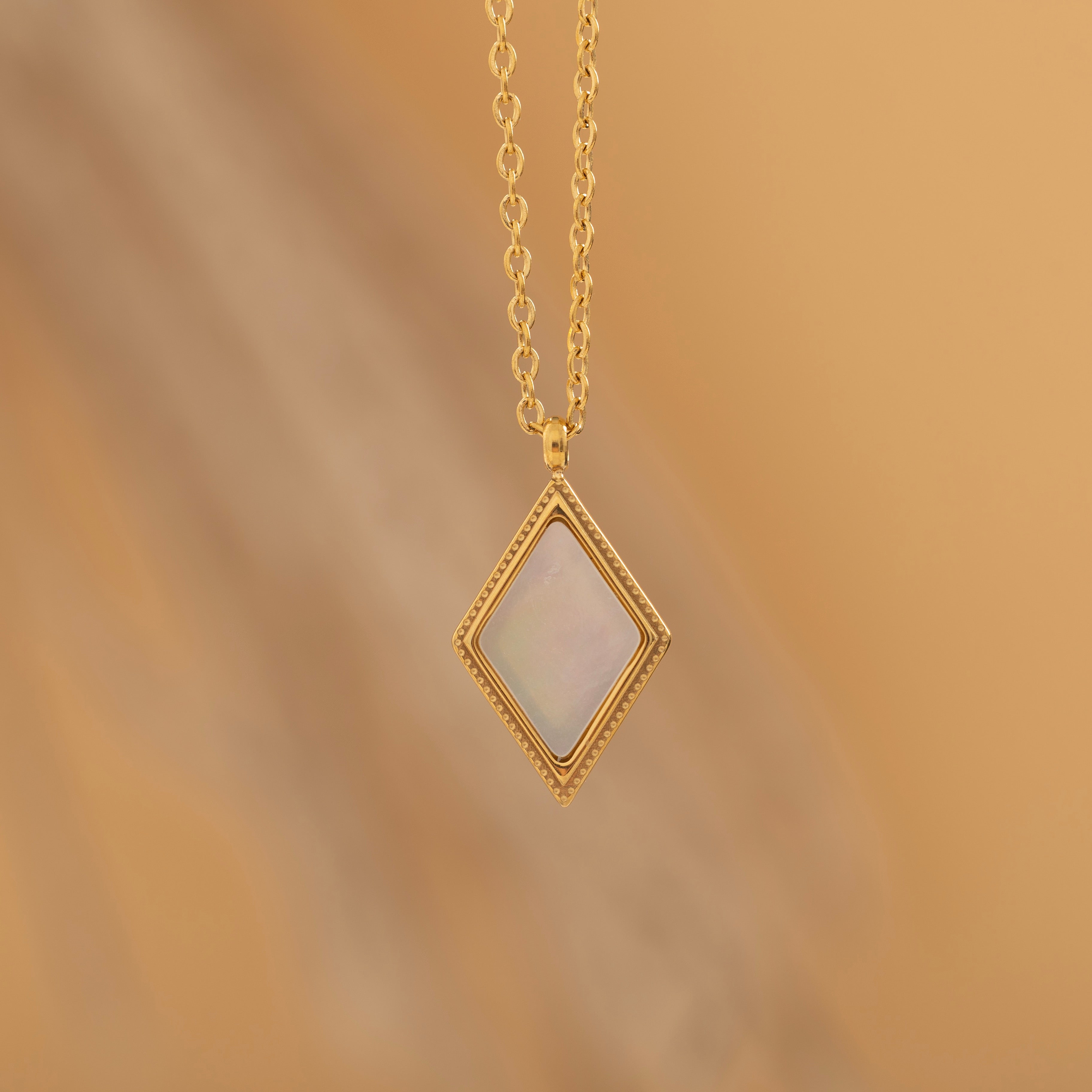 gold mother of pearl pendant on a cable gold chain necklace for women