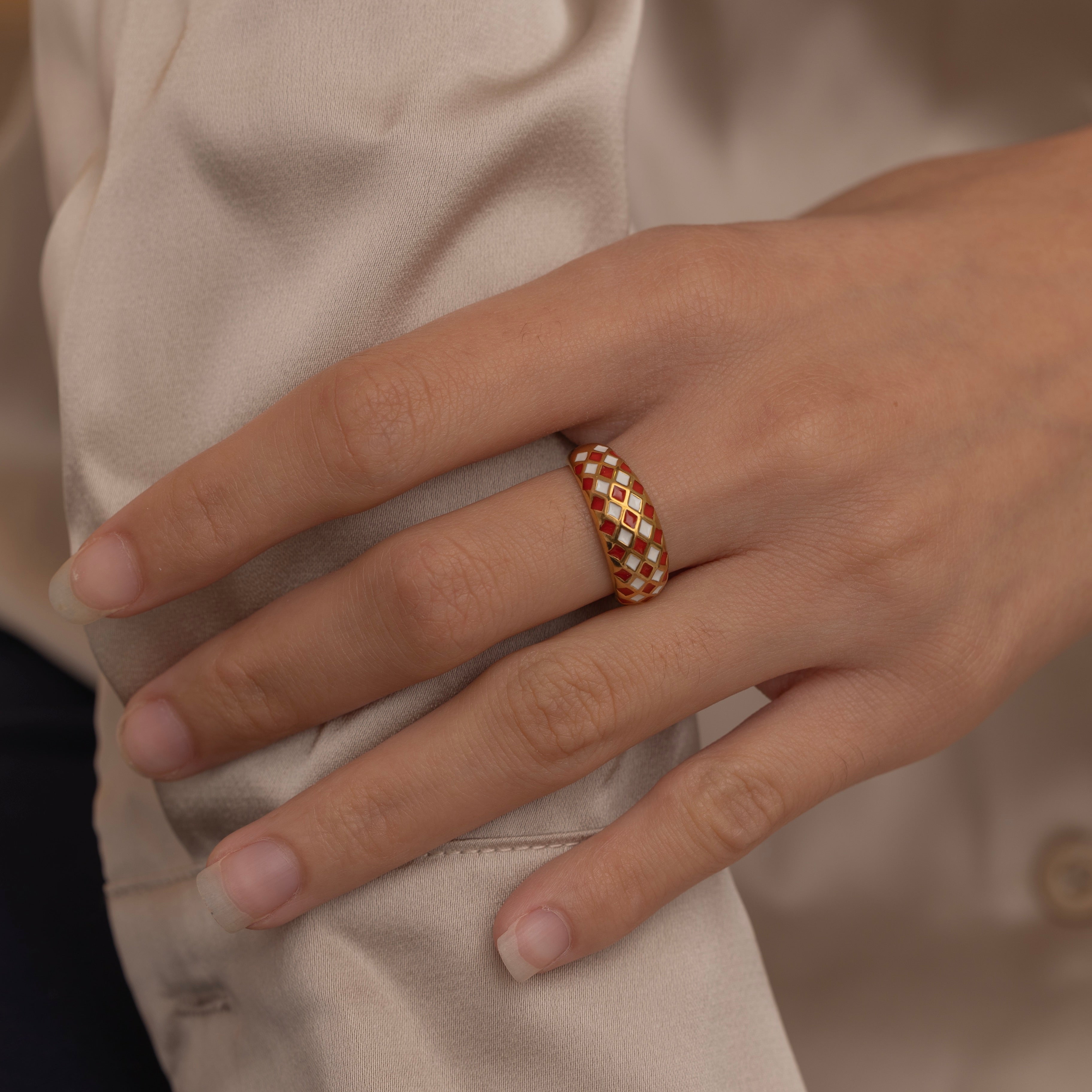 Bold Dome Red and White Gold Checkered Board Ring perfect for everyday