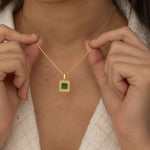 Gold Malachite Square Pendant Necklace with Box Chain