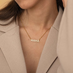 Diamond Pave Mama Necklace with satellite chain. It is waterproof and tarnish free