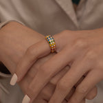 Bold Dome Checkered Ring with Colorful Enamel Patterns, green, white, blue, yellow and orange. Perfect waterproof ring for everyday