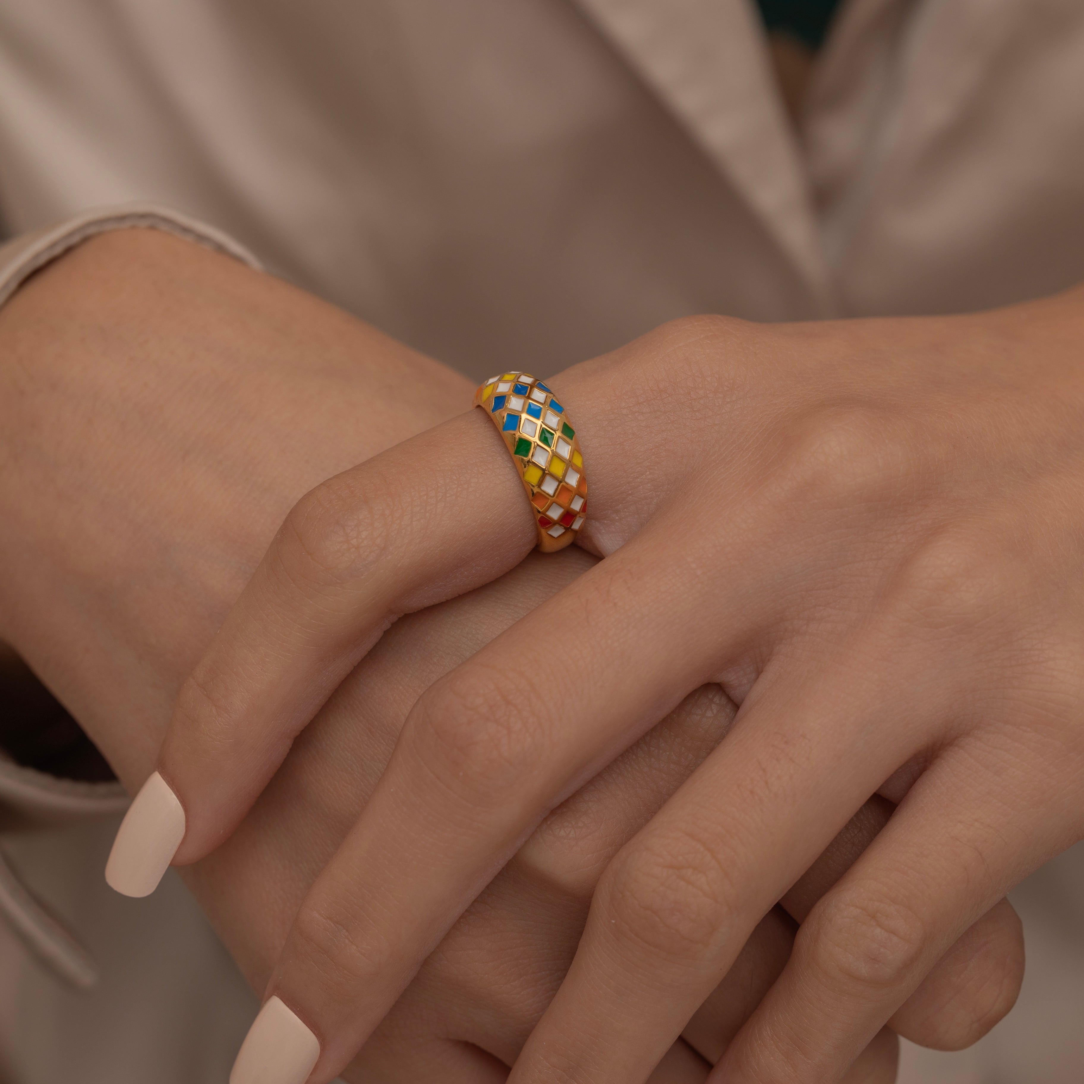 Bold Dome Checkered Ring with Colorful Enamel Patterns, green, white, blue, yellow and orange. Perfect waterproof ring for everyday