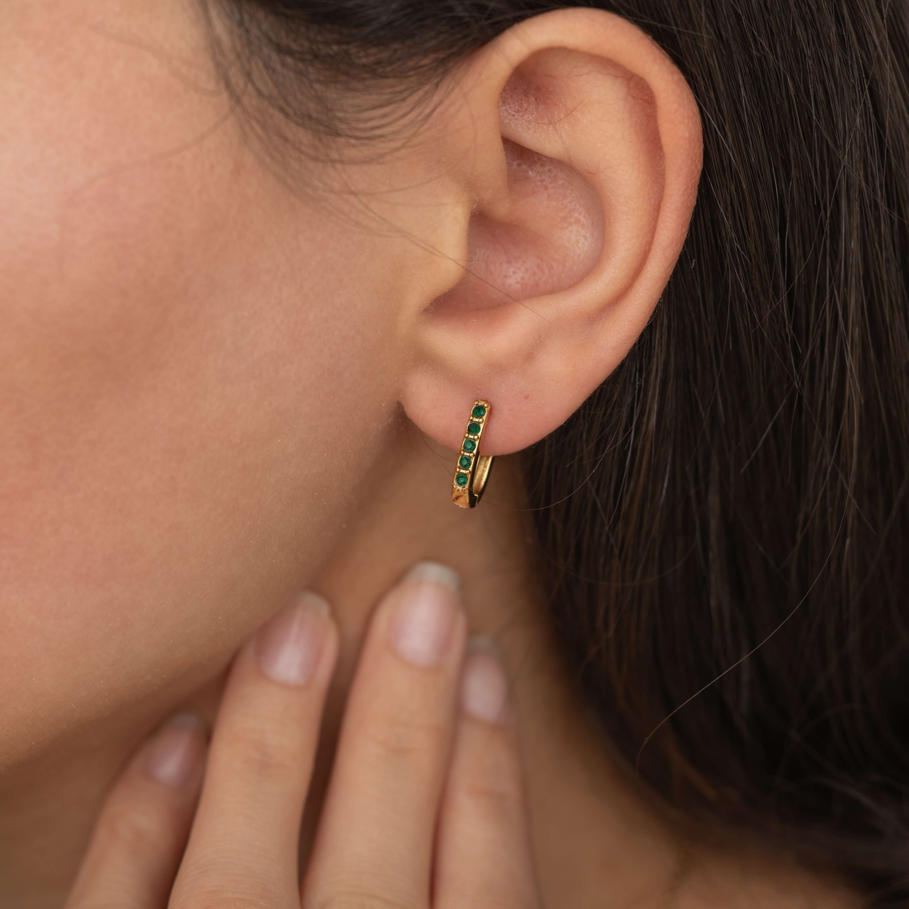 green gemstone huggie hoop earrings