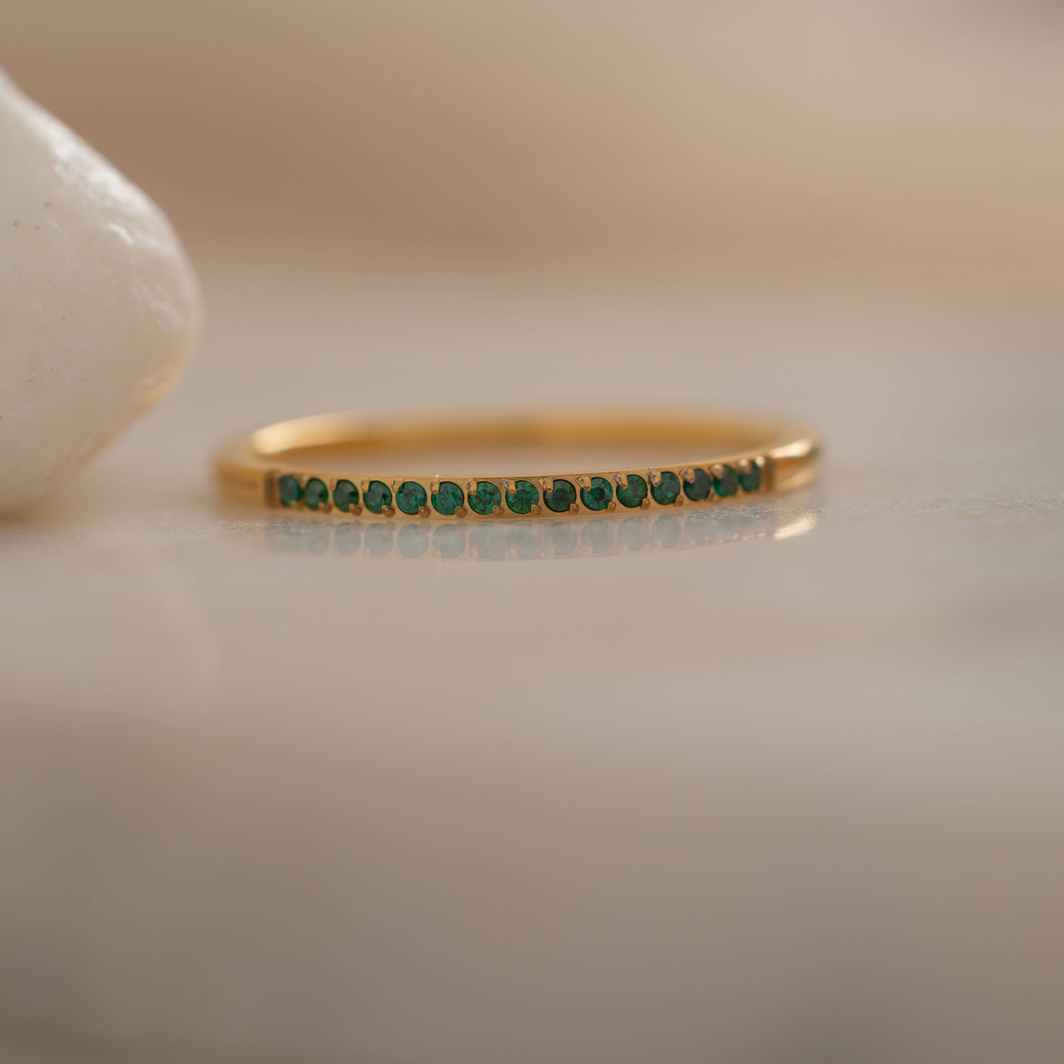 Dainty Gold Eternity Ring with Emerald Green Stones for Everyday. Waterproof and Tarnish Free Jewelry