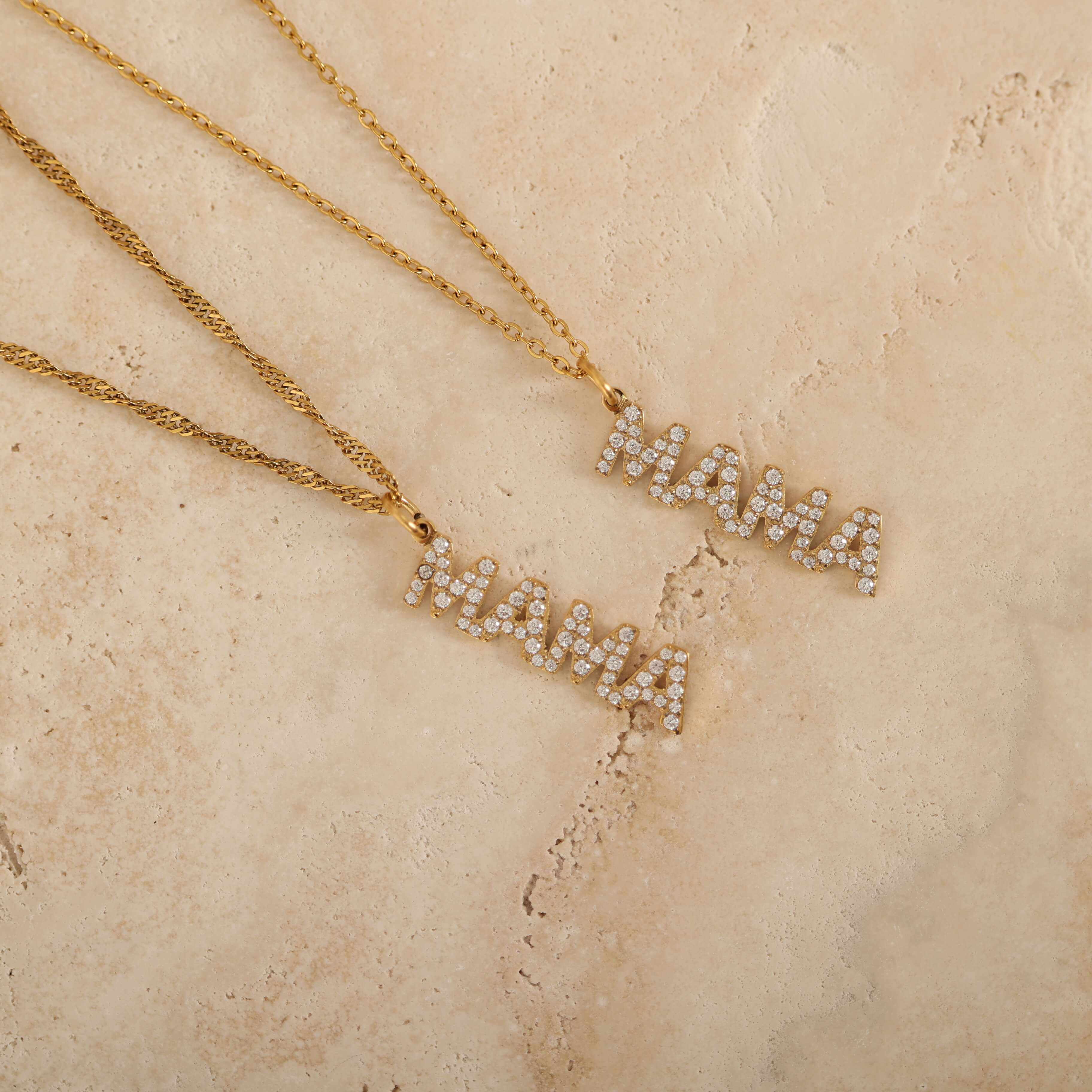 Dainty Gold Mama Necklace with CrystalPave Diamond. Pendant is with a singapore and cable Chain Necklace. 