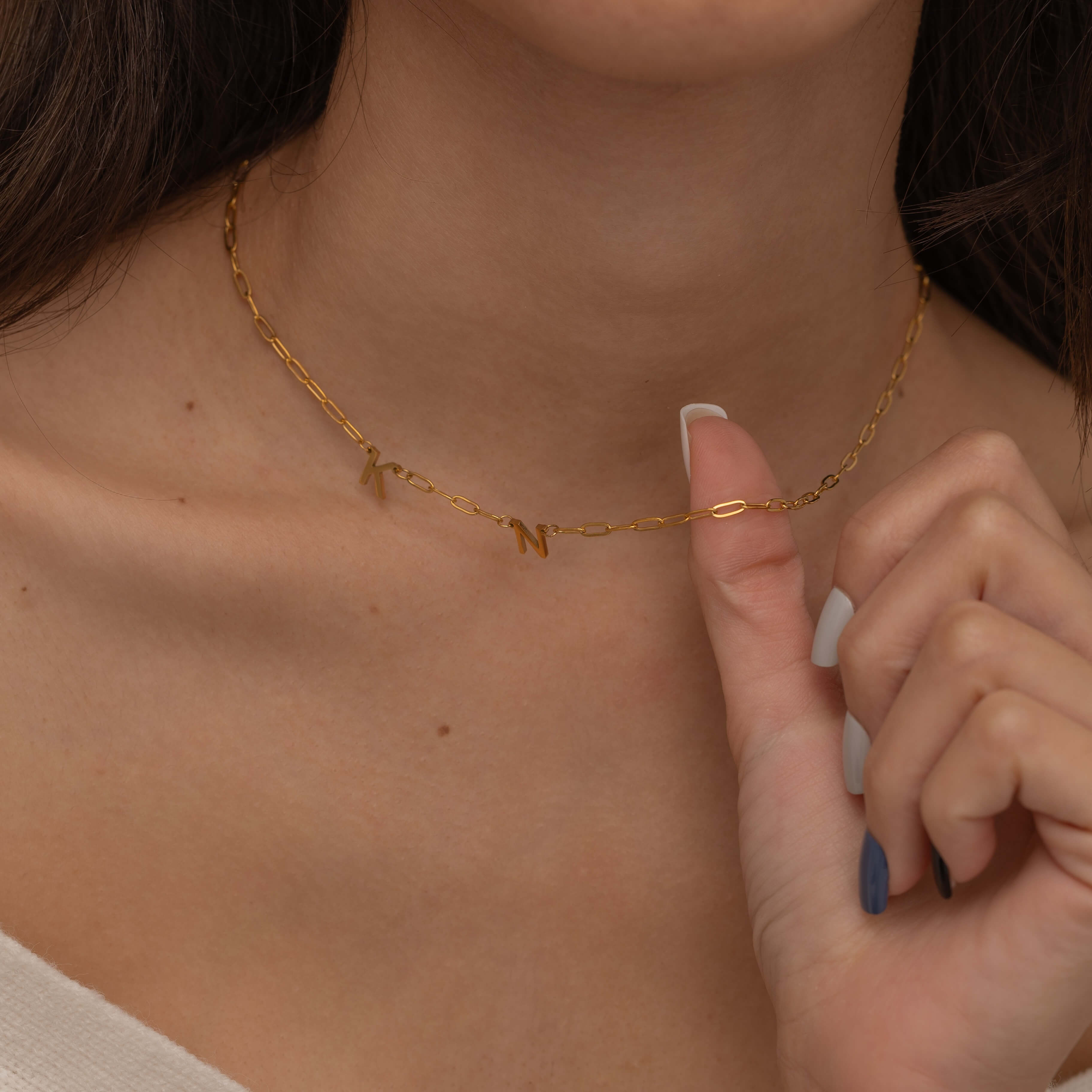 Gold Custom side initial necklace with custom chain styles. It is waterproof and tarnish free. 