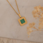 Gold Malachite Square Pendant Necklace with Dainty Chain