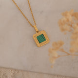 Gold Malachite Square Pendant Necklace with Dainty Chain