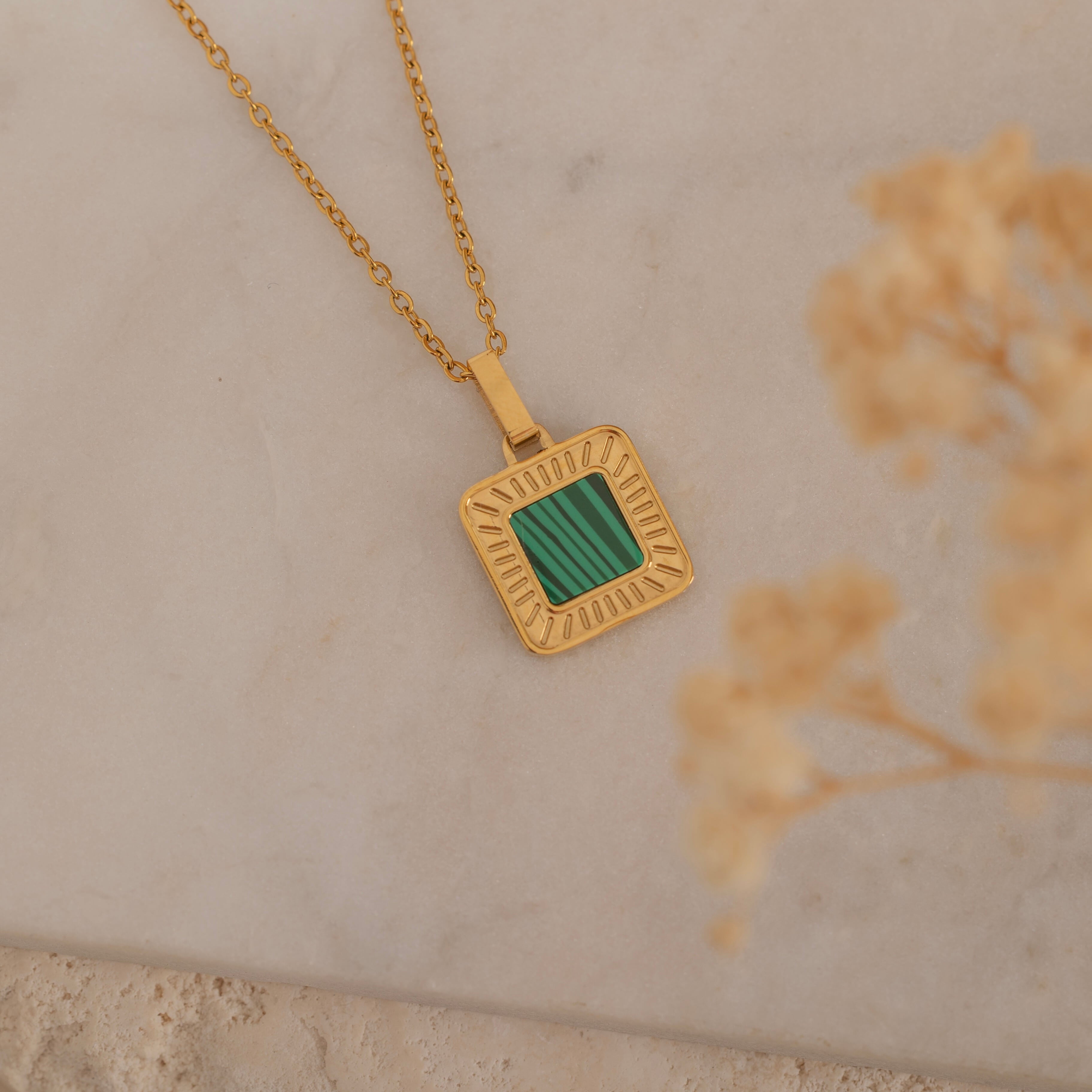 Gold Malachite Square Pendant Necklace with Dainty Chain