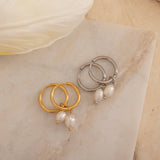 silver and gold pearl drop hoop earrings