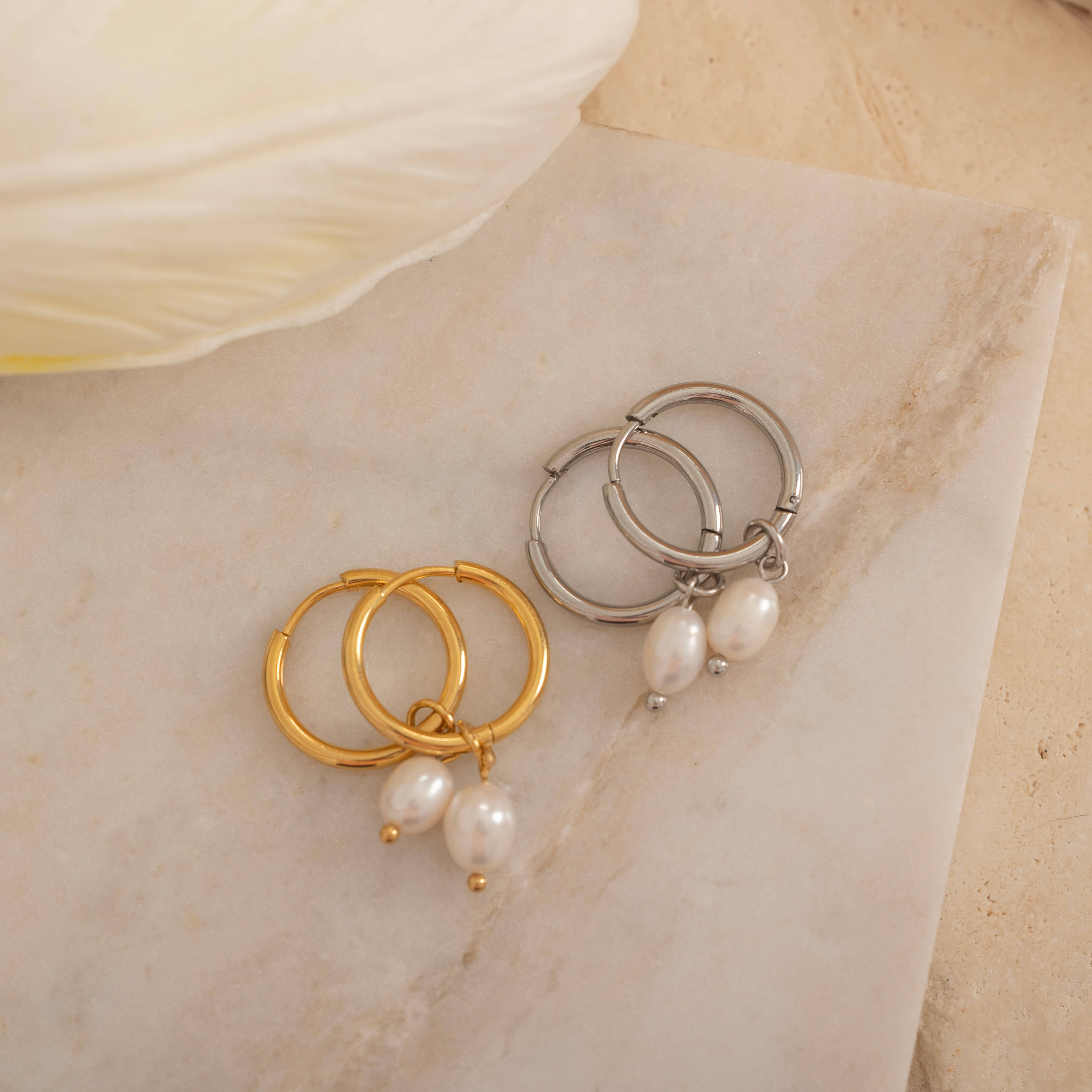 silver and gold pearl drop hoop earrings