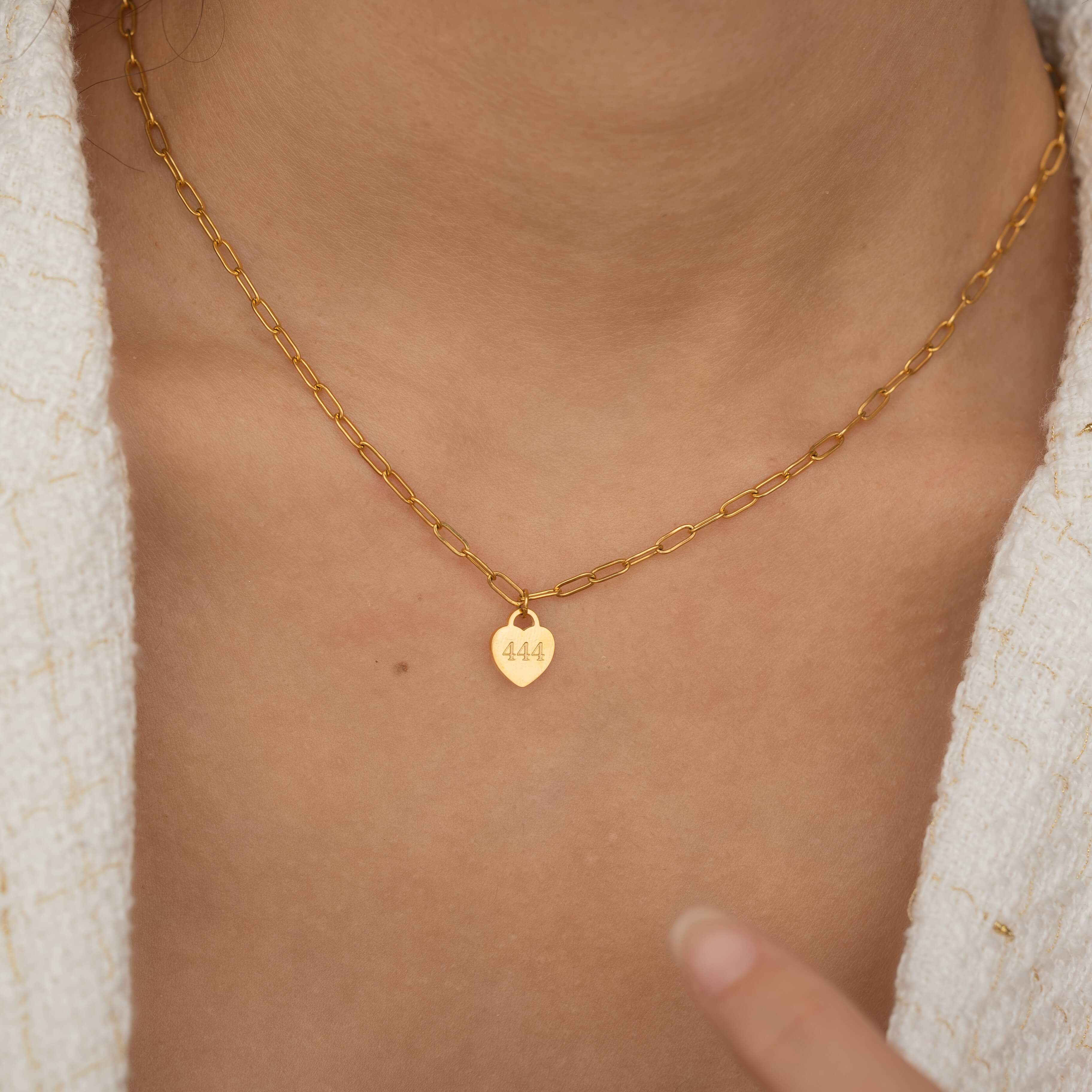 Gold Angel Number 444 in heart shape with paperclip chain necklace