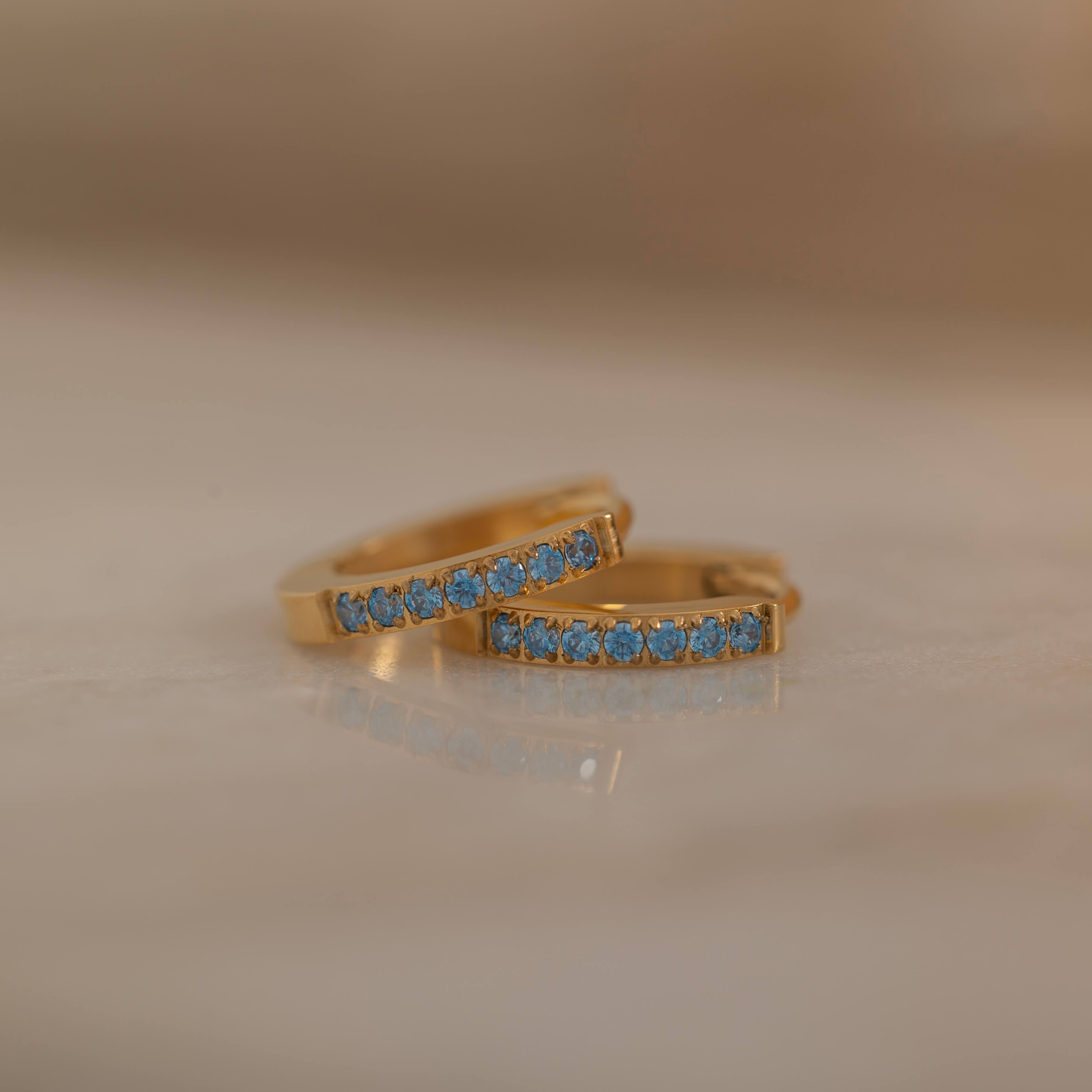 Gold Blue March Birthstone Earrings Aquamarine Huggie Hoop 