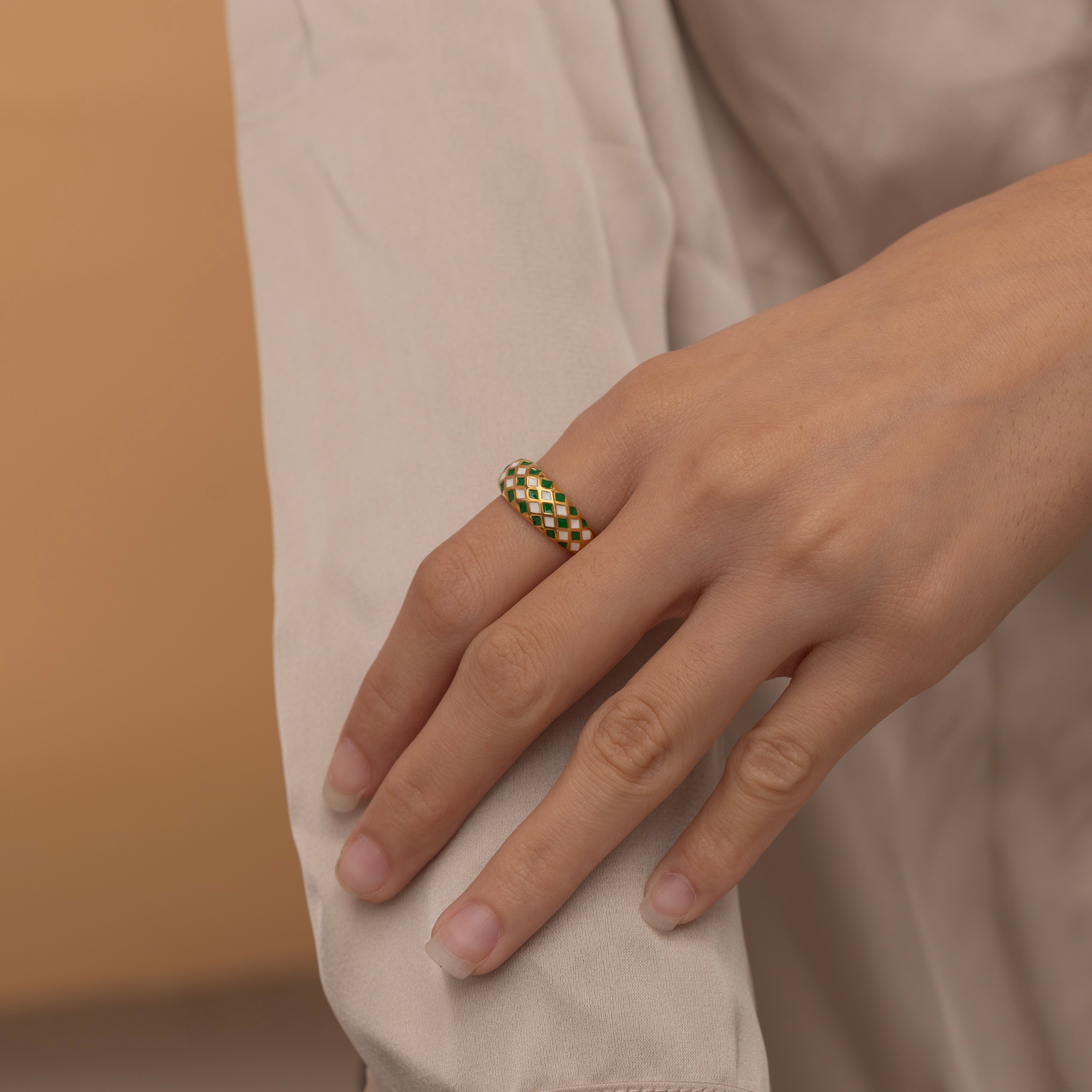 Bold Dome Checkered Ring in White and Green  in Gold Filled 