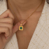 Gold Malachite Square Pendant Necklace with satelliteChain