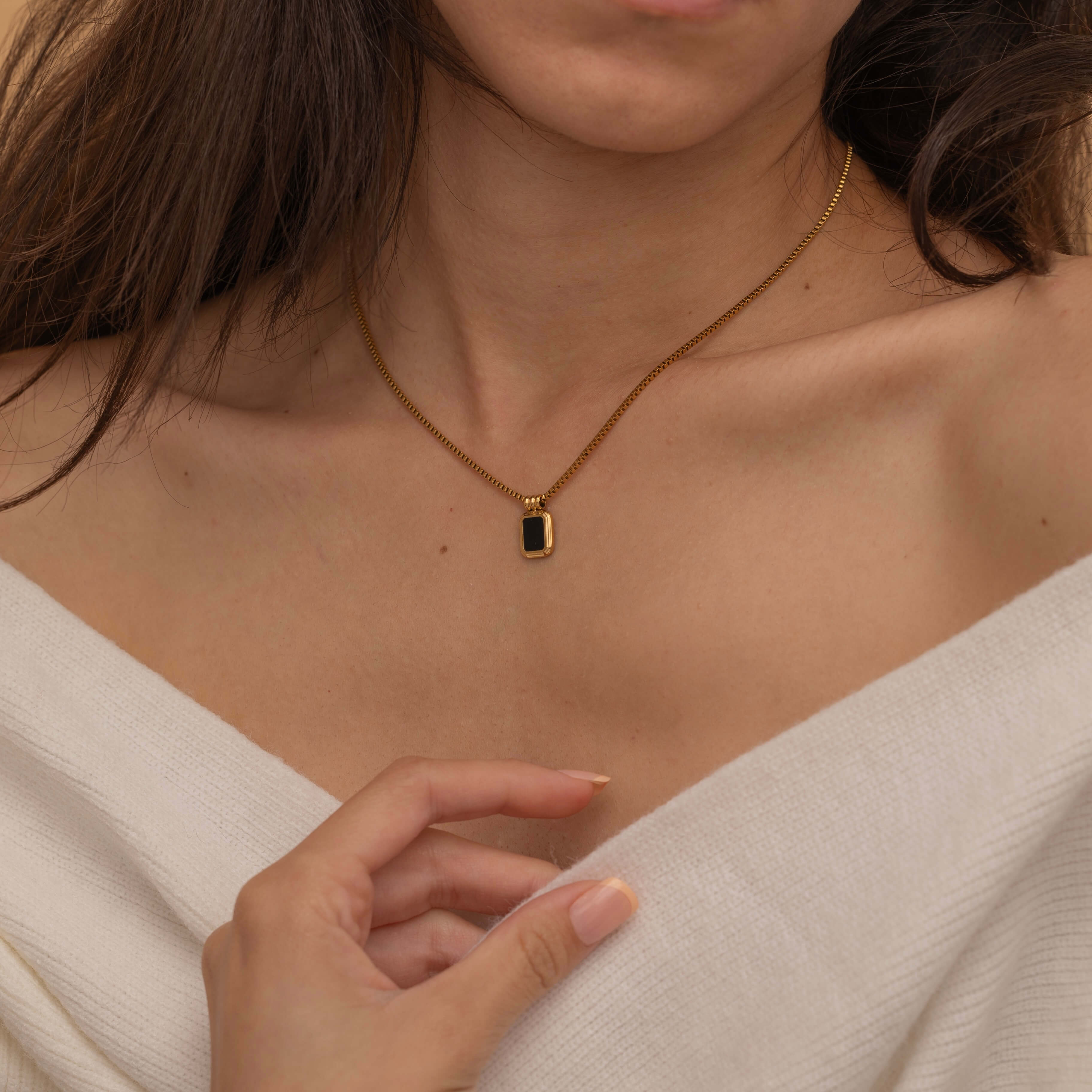 Black onyx rectangle pendant with gold frame necklace, minimalist gemstone jewelry