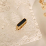 gold stainless steel signet ring with black rectange cut stone ring tarnish free