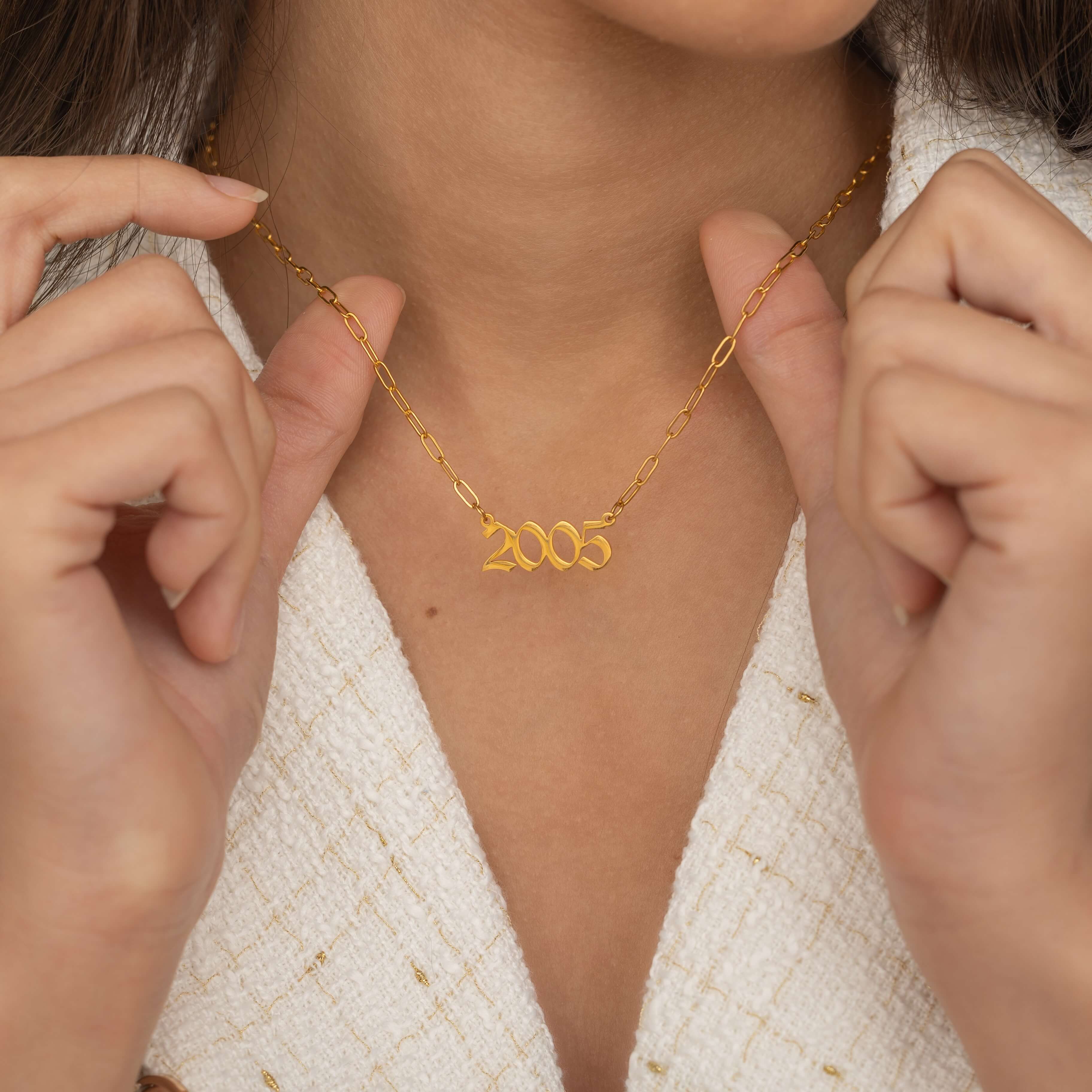 Gold Filled Birth Year Number Pendant Necklace. 2005 year necklace with paperclip chain