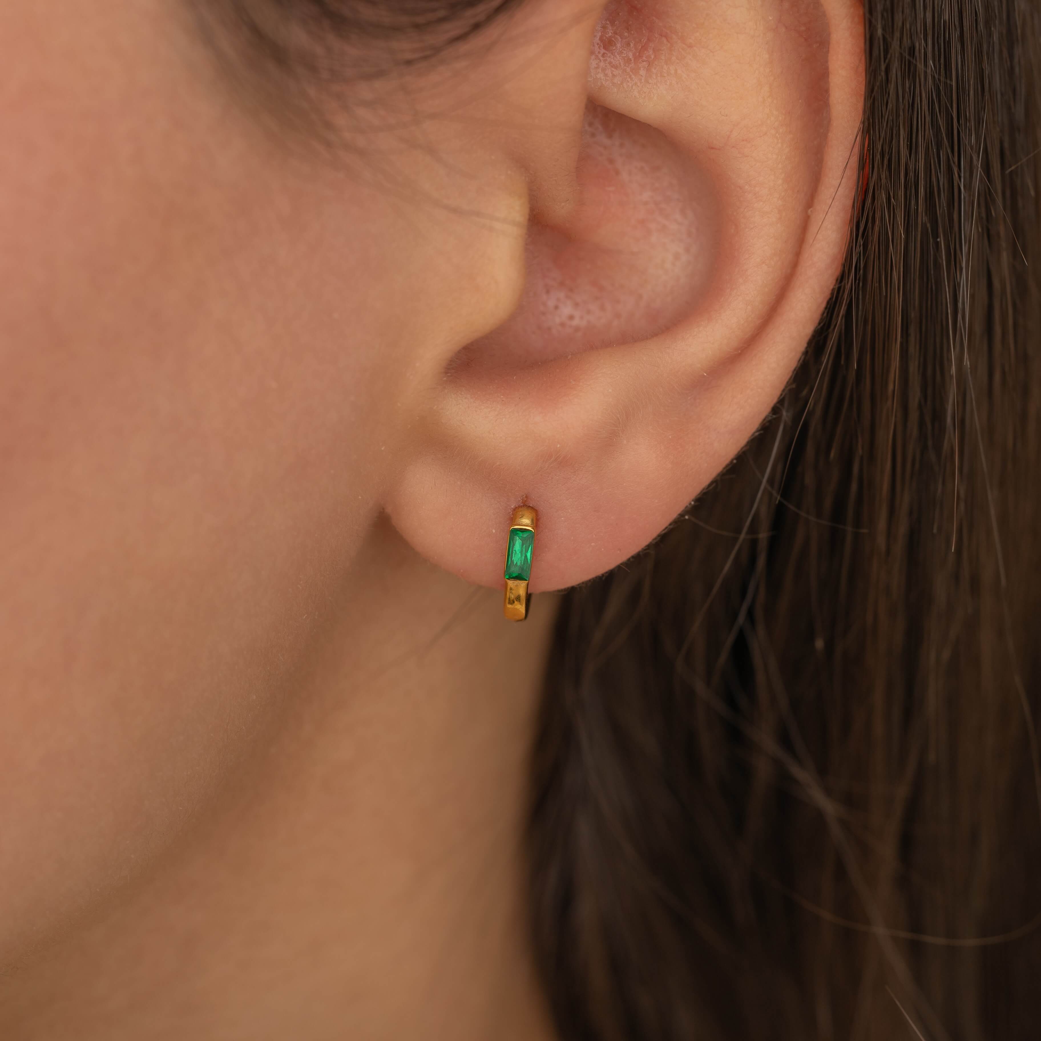 green gemstone small gold huggie hoop earrings