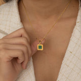 Gold Malachite Square Pendant Necklace with Box Chain