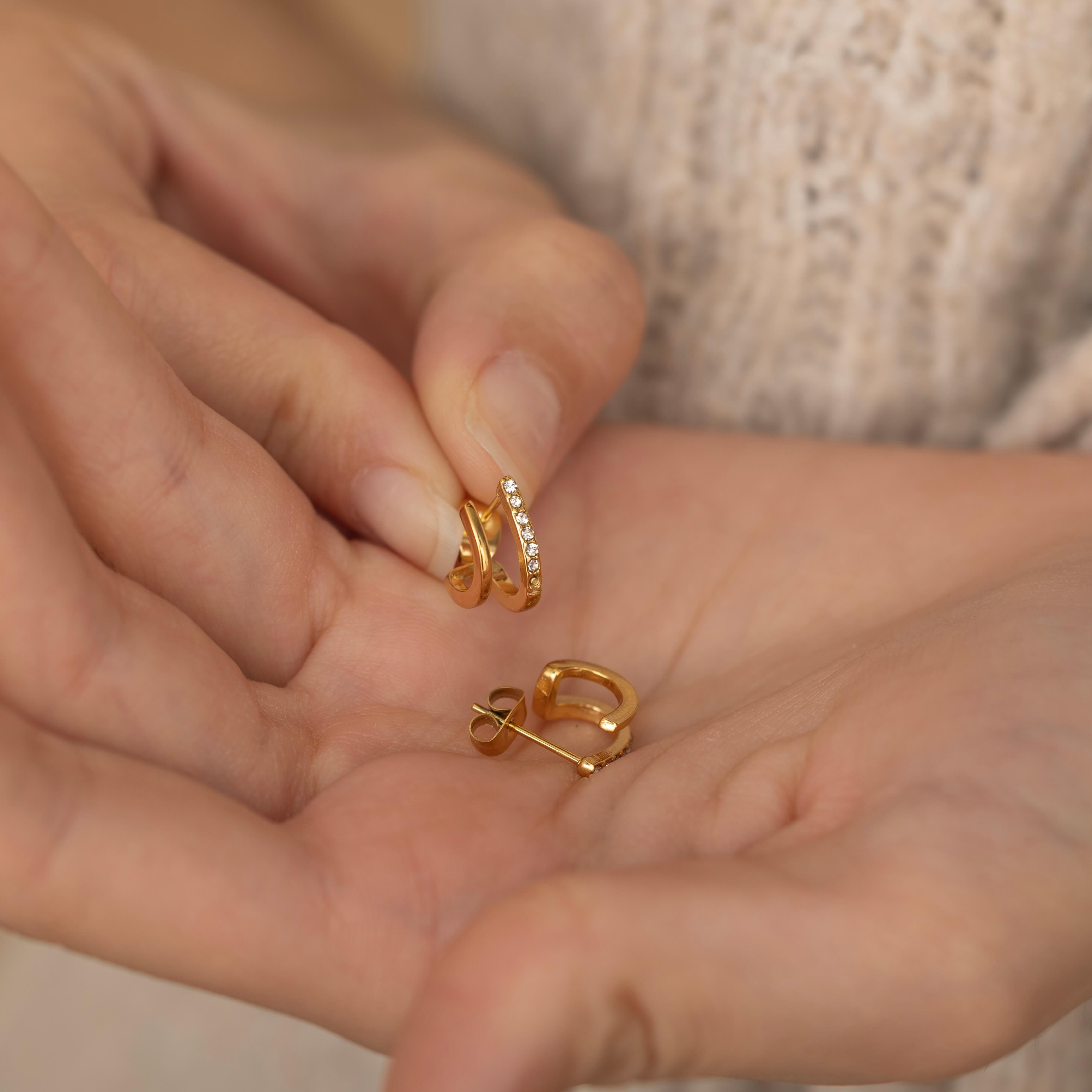 gold diamond double stud hoop earrings