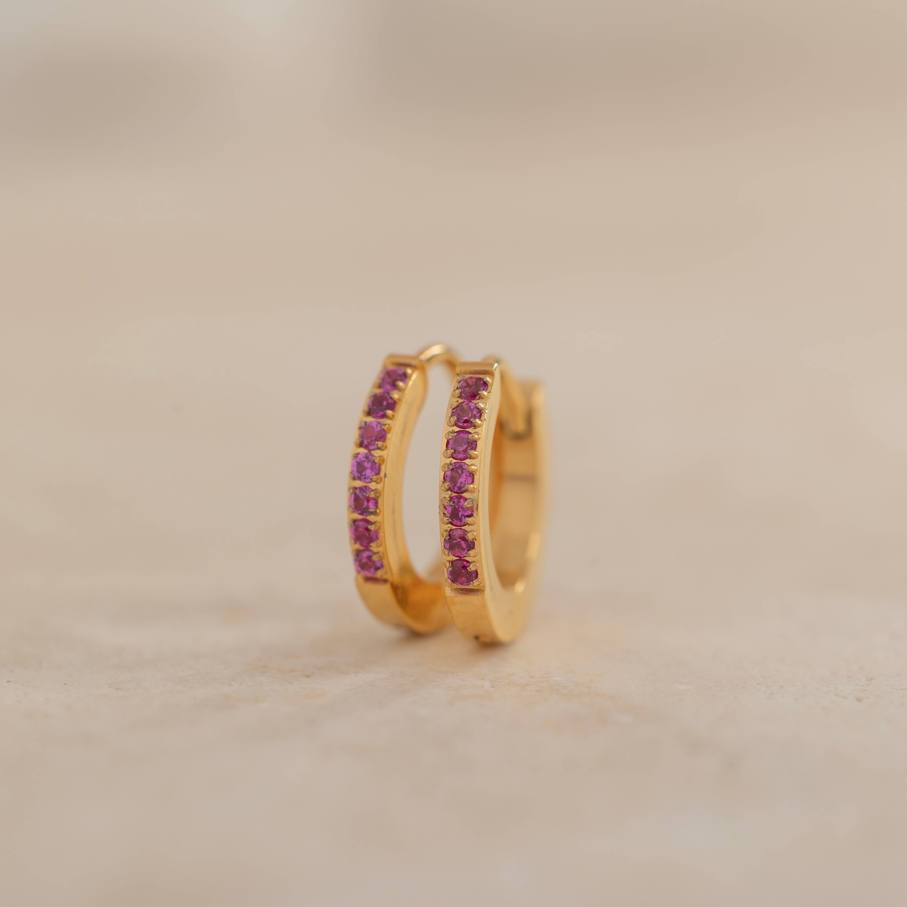 pink ruby birthstone hoop earrings