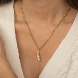 Gold Diamond Mama Necklace with Figaro Chain Style 