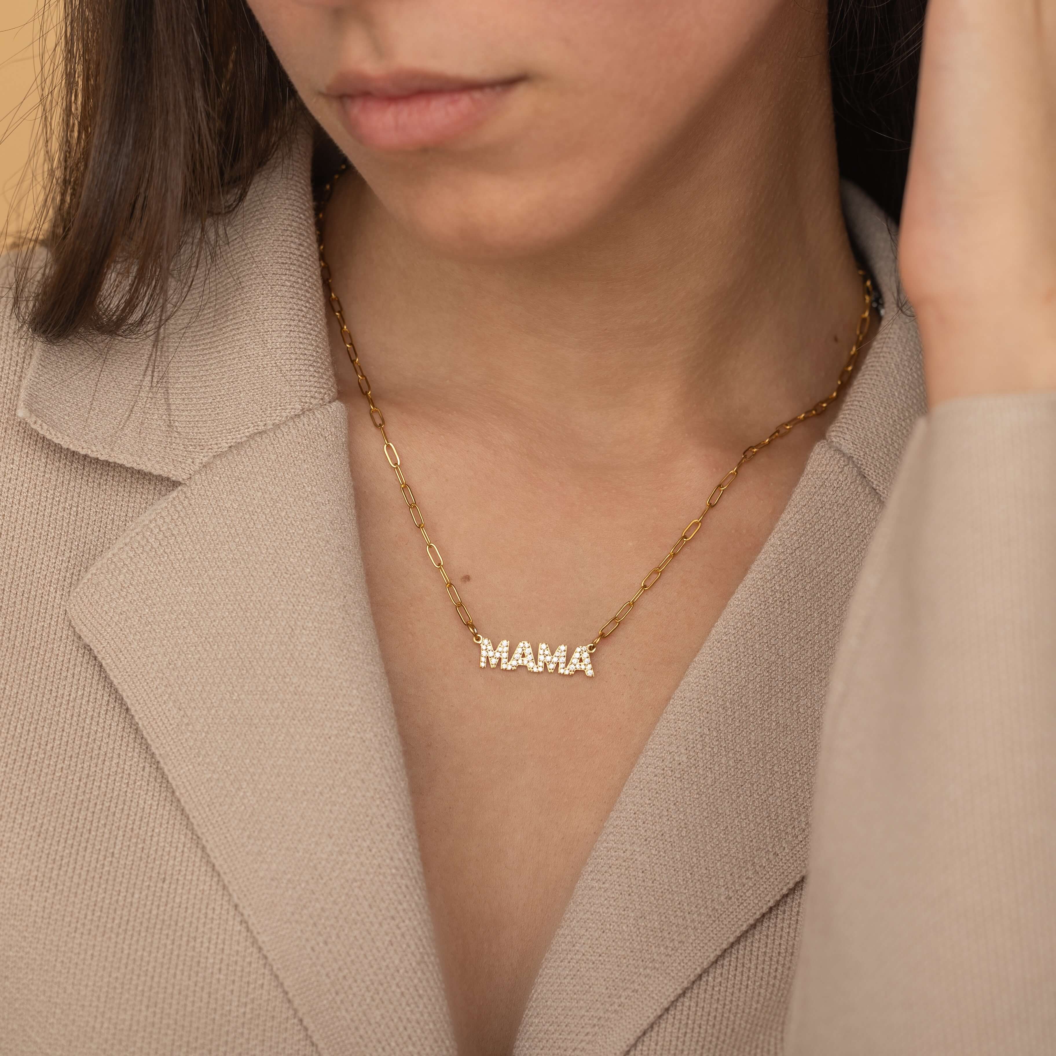 Dainty Mama Diamond Necklace with paperclip chain style. Perfect for layering