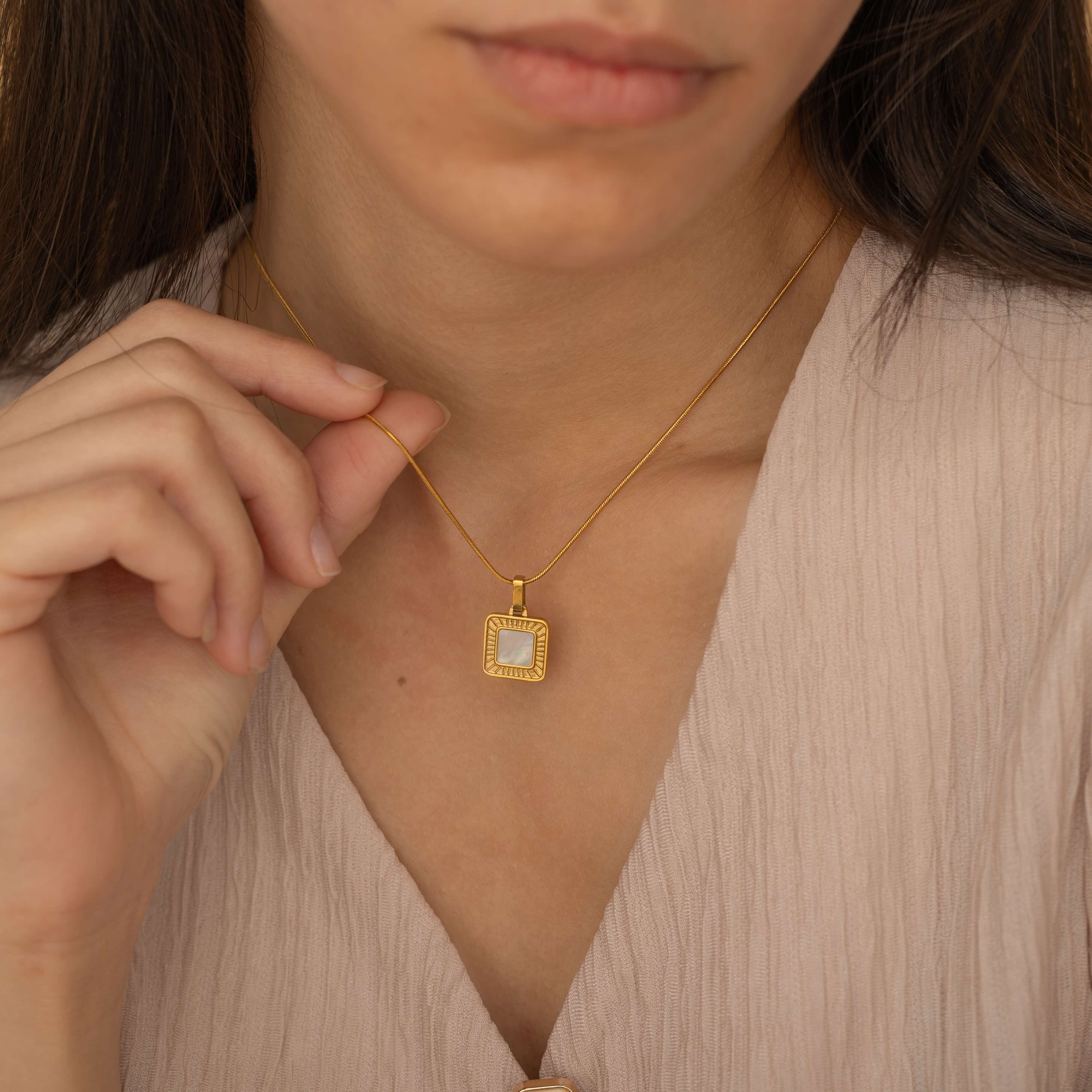 Gold Mother of Pearl Square Gemstone Necklace for Everyday