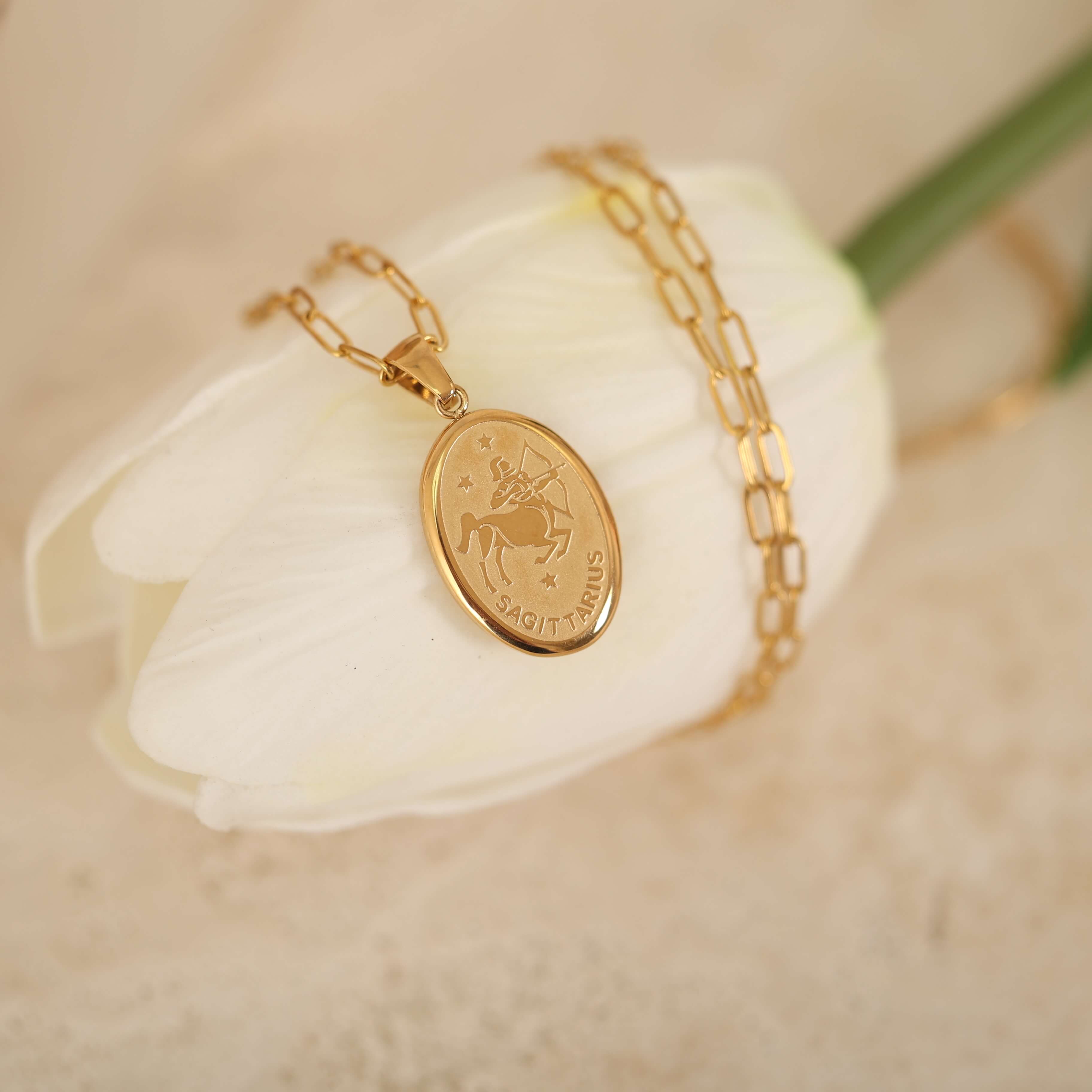 Gold zodiac pendant necklace on a dainty elongated link chain, featuring an engraved oval charm available in all zodiac signs for personalized style.