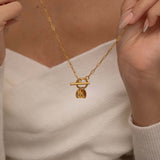 Gold Custom Toggle Necklace  with Initials on oval Charm necklace. Waterproof jewelry and tarnish free