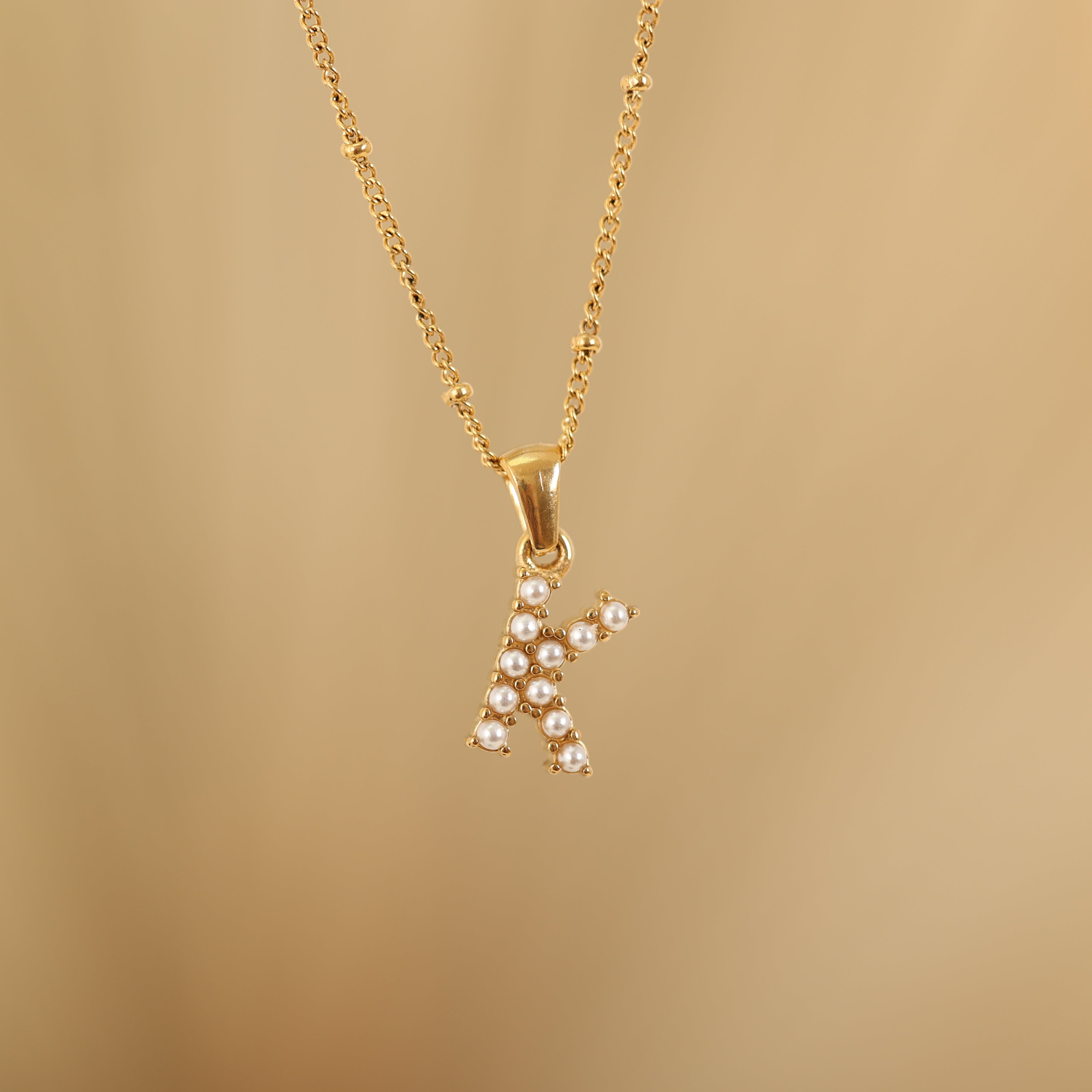 Dainty Gold Pearl Initial Necklace for Women. Waterproof and tarnish Free